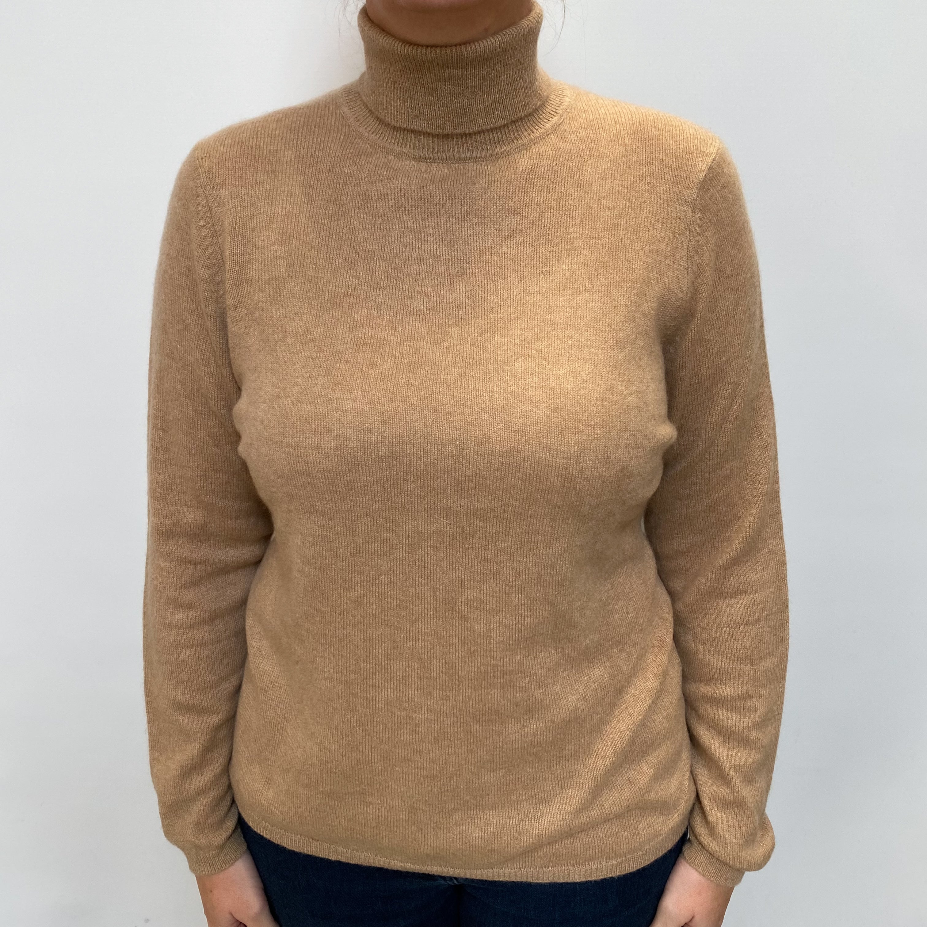 Camel Brown Cashmere Polo Neck Jumper Large