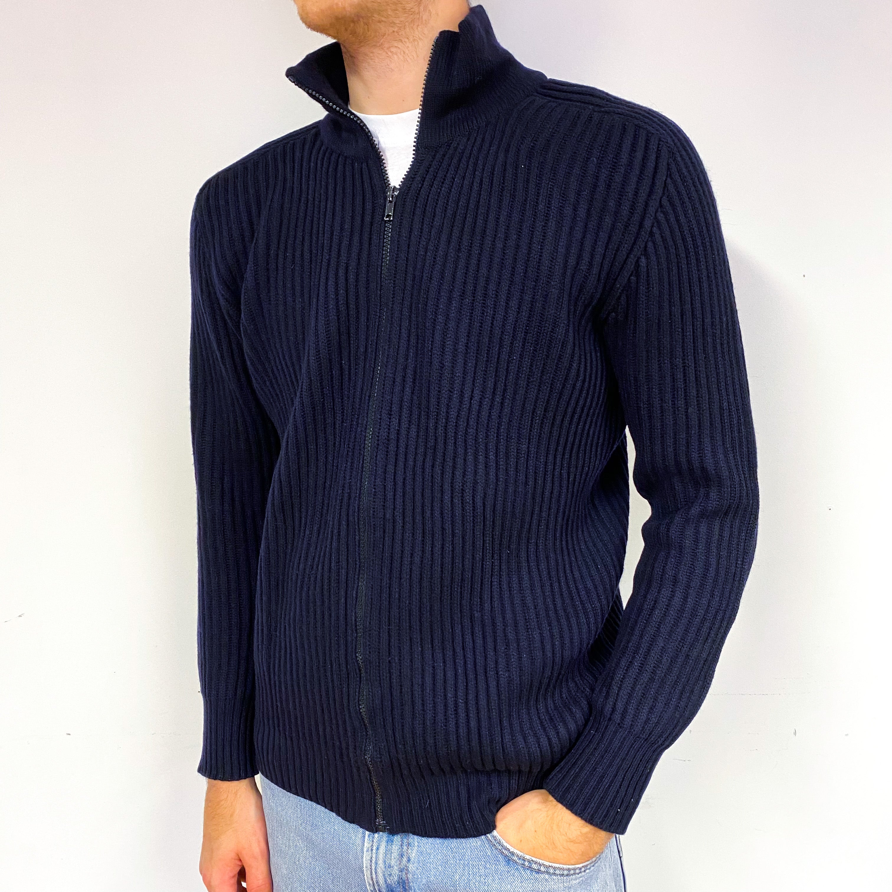 Men's Vintage Navy Blue Chunky Cashmere Zip Up Cardigan Large