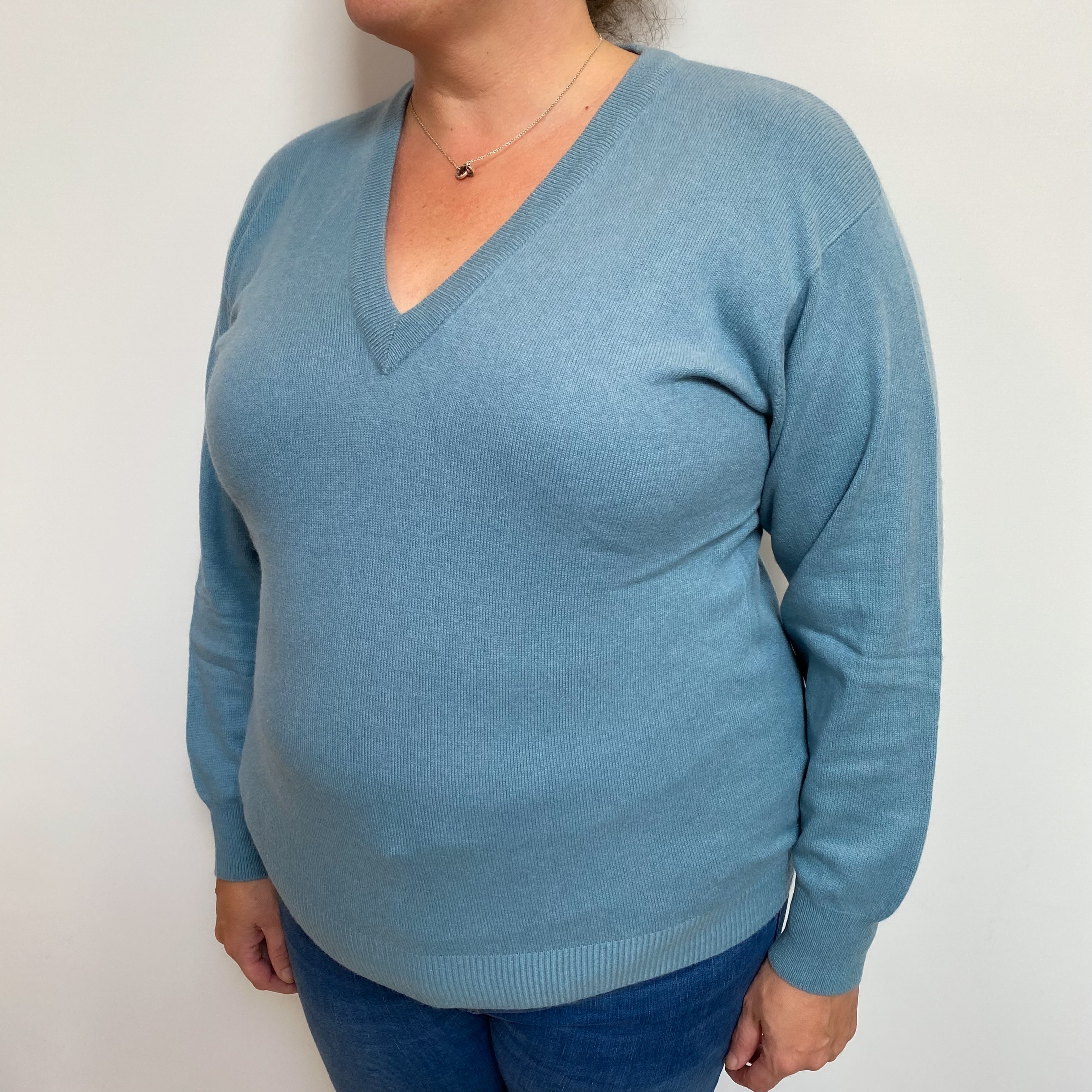 Muted Aqua Blue Cashmere V Neck Jumper Extra Large