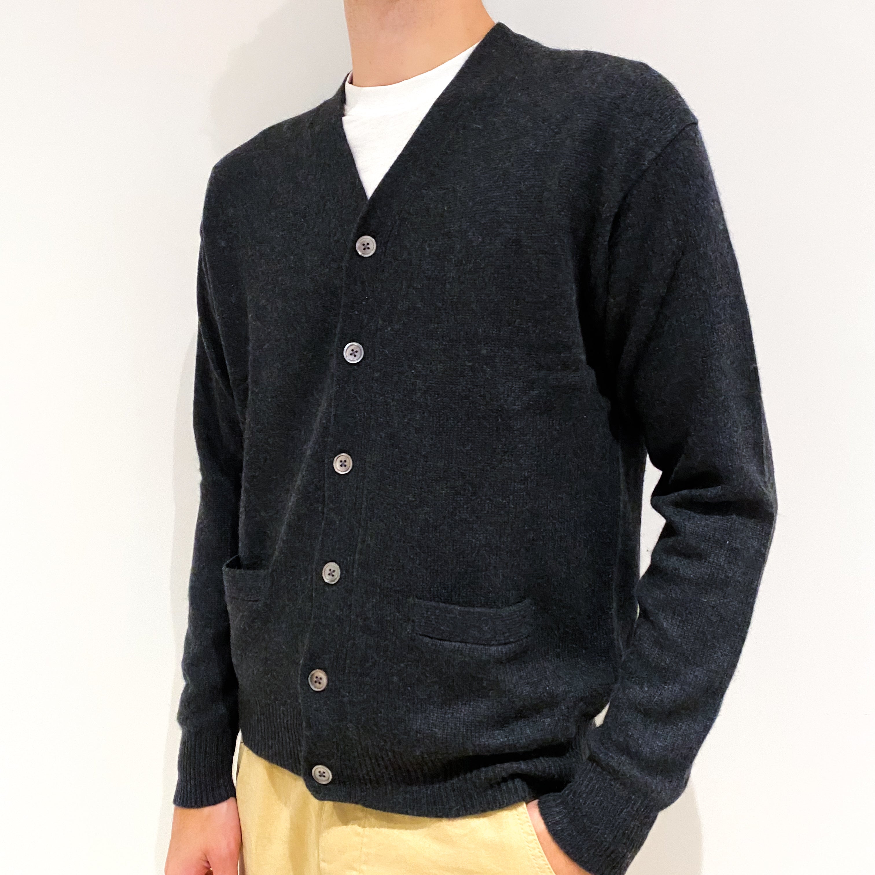 Men's Charcoal Grey Cashmere V-Neck Cardigan Large