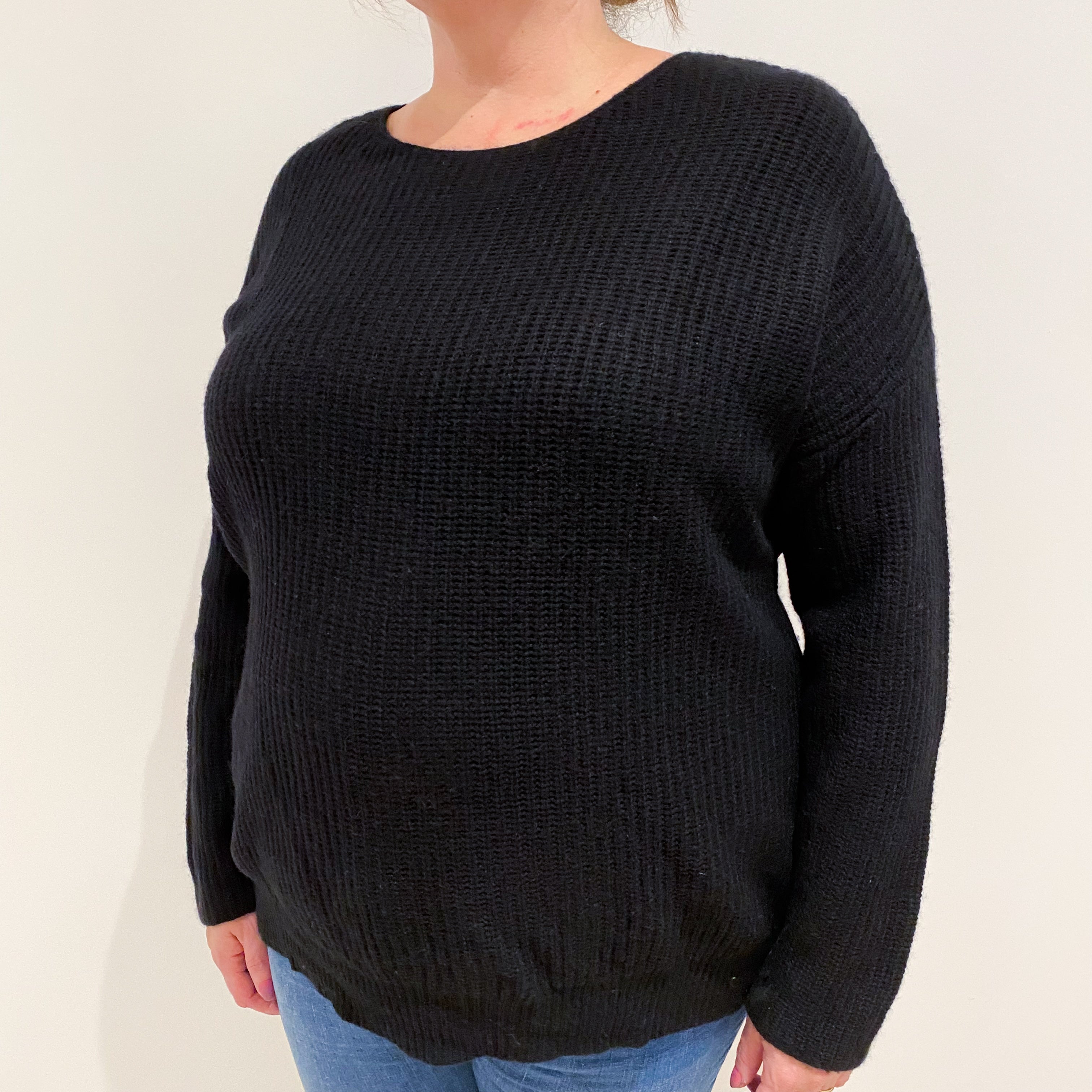 Black Ribbed Cashmere Crew Neck Jumper Extra Large