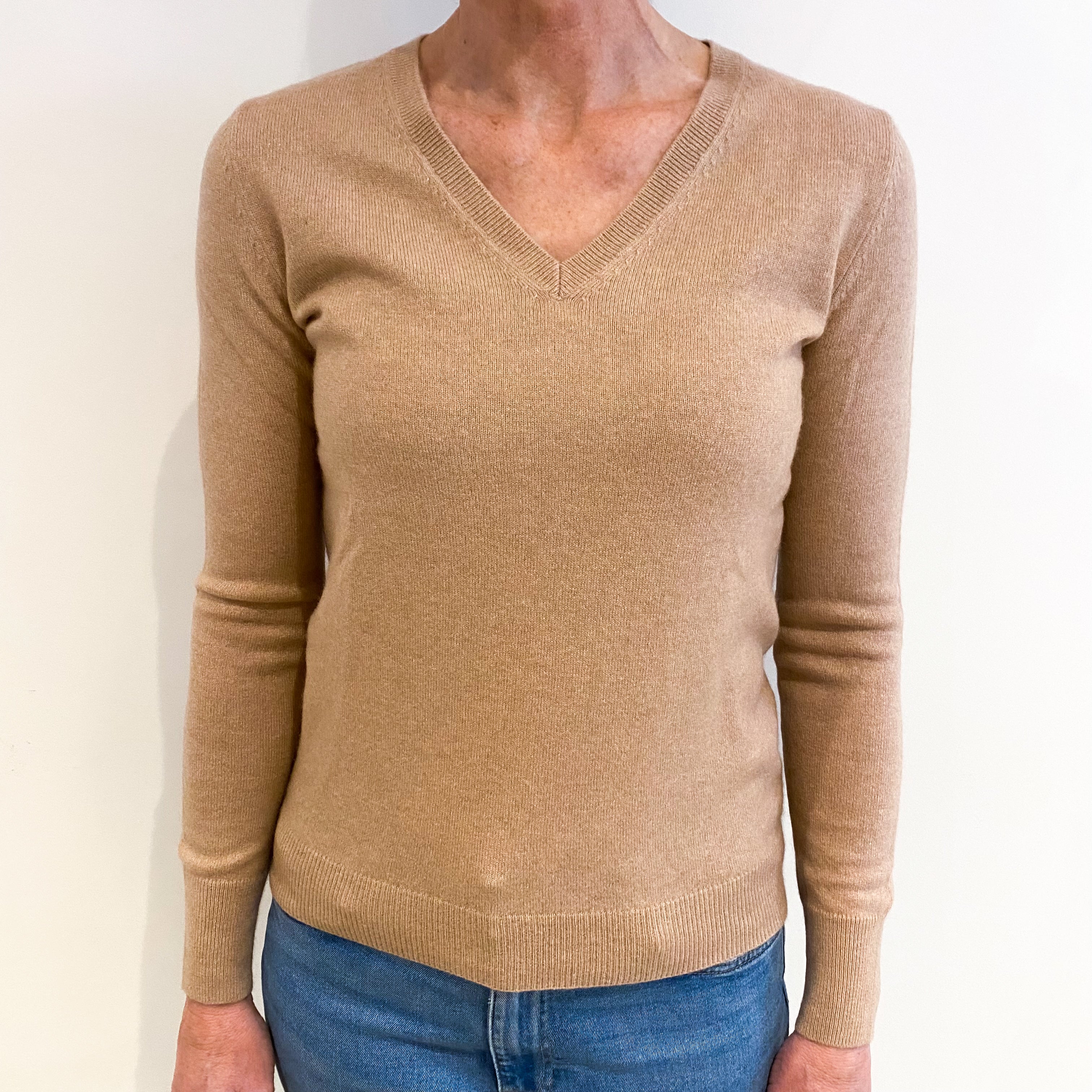 Nude Beige Cashmere V Neck Jumper Small