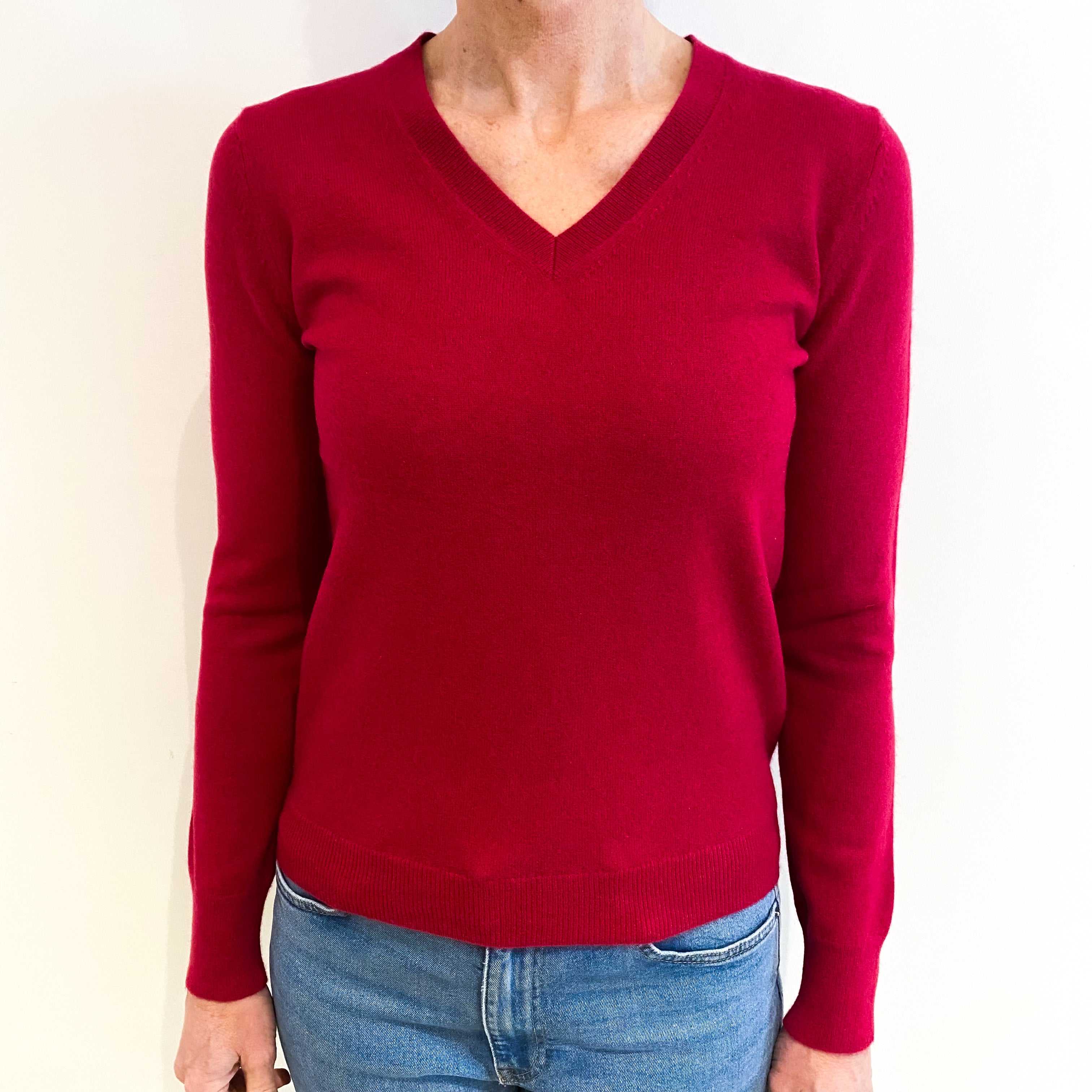 Cherry Red Cashmere V Neck Jumper Small