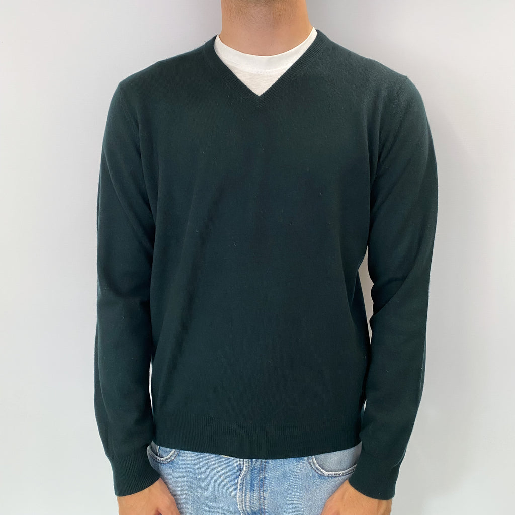 Men's Bottle Green Cashmere V Neck Jumper Medium