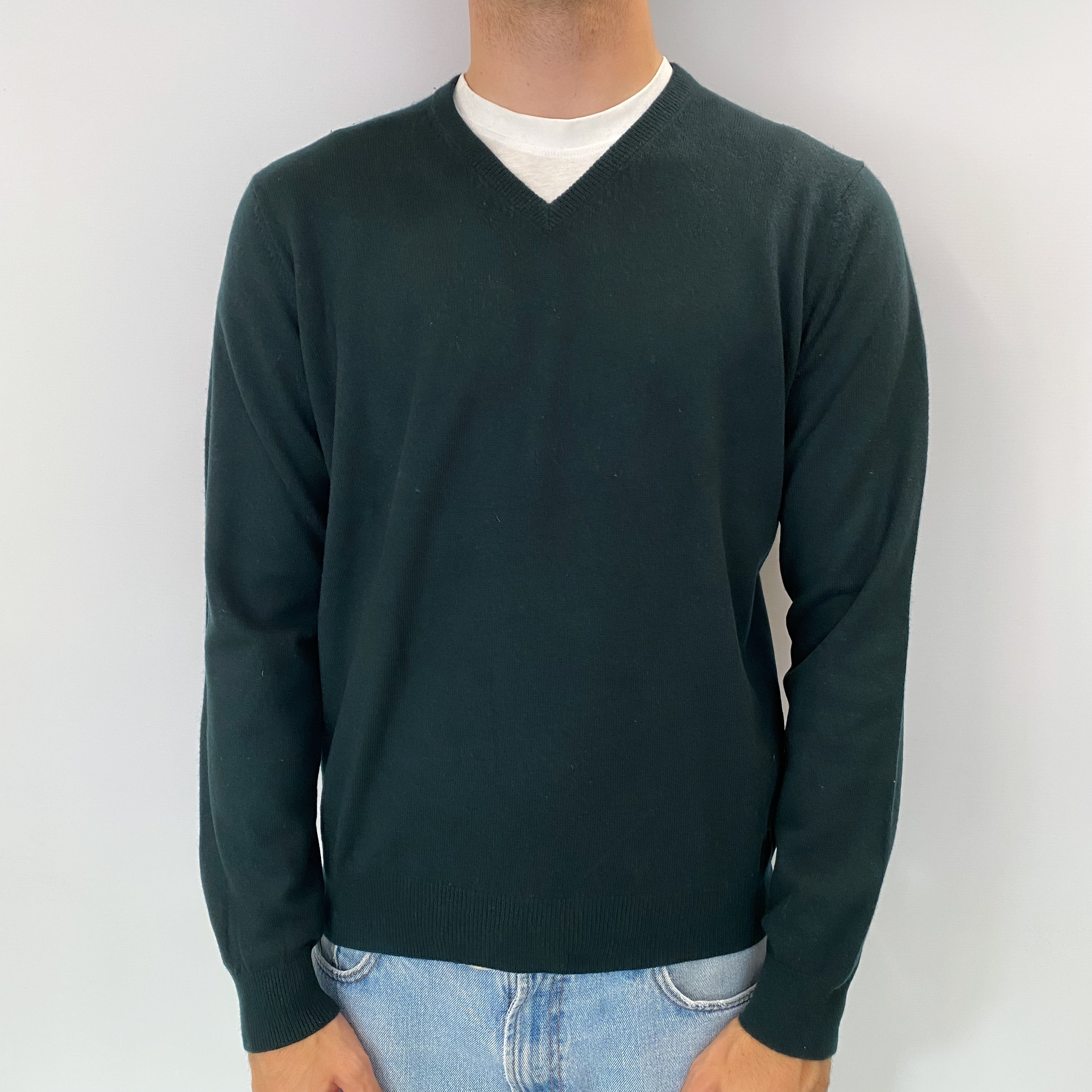 Men's Bottle Green Cashmere V Neck Jumper Medium