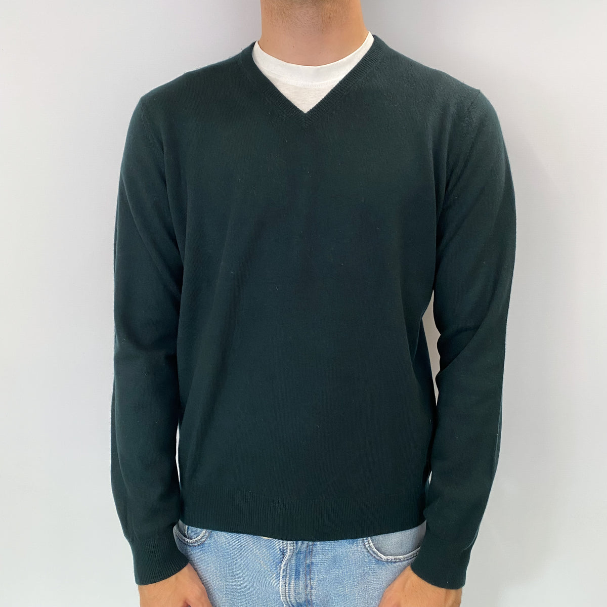 Men's Bottle Green Cashmere V Neck Jumper Medium