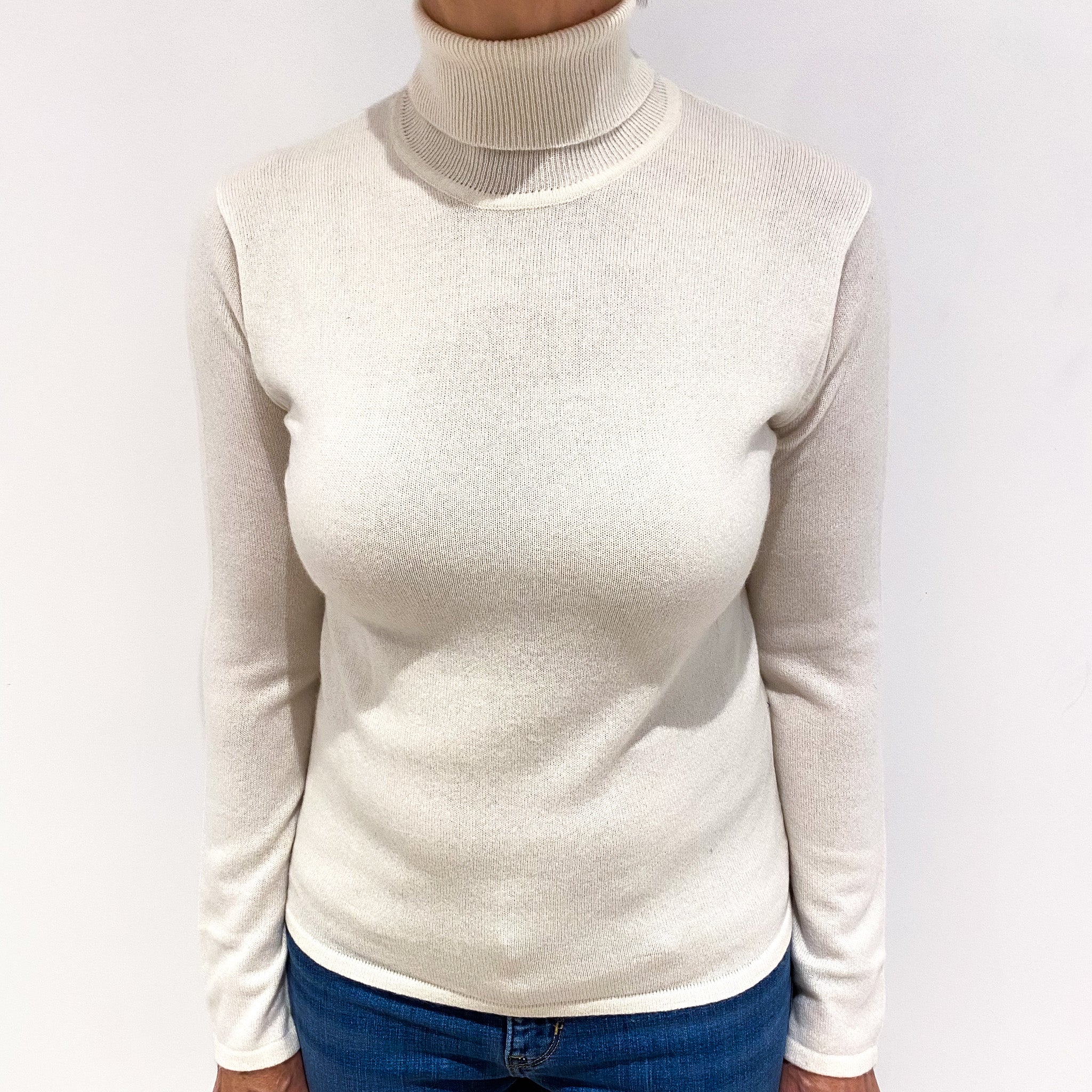 Ivory Cashmere Polo Neck Jumper Medium
