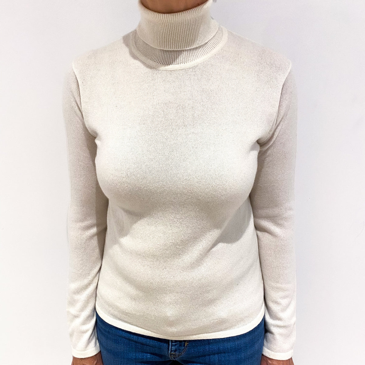 Ivory Cashmere Polo Neck Jumper Medium