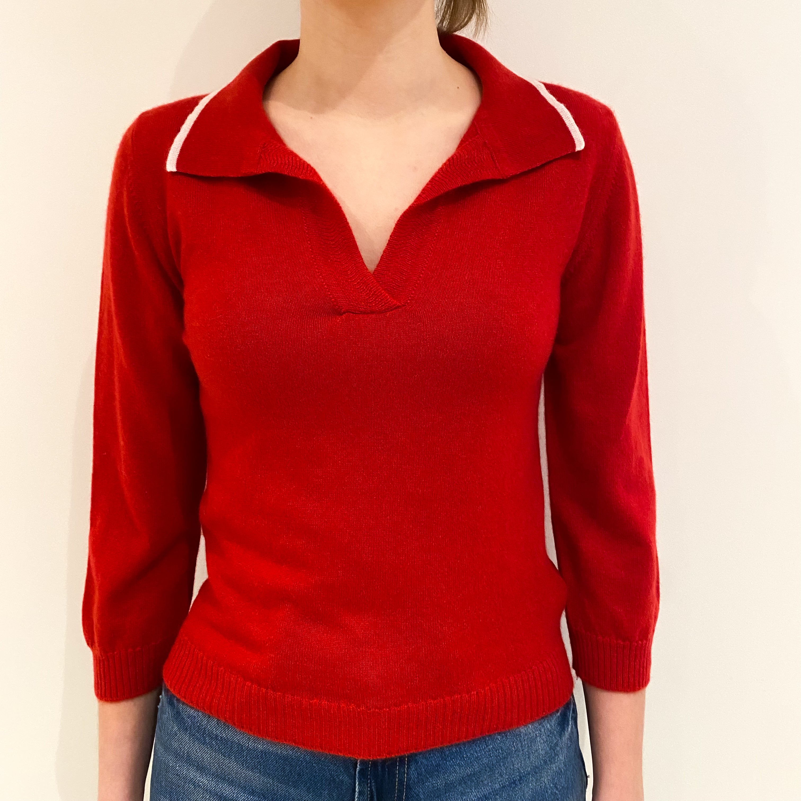 Brora Scarlet Red Cashmere Collared V Neck Jumper Extra Small