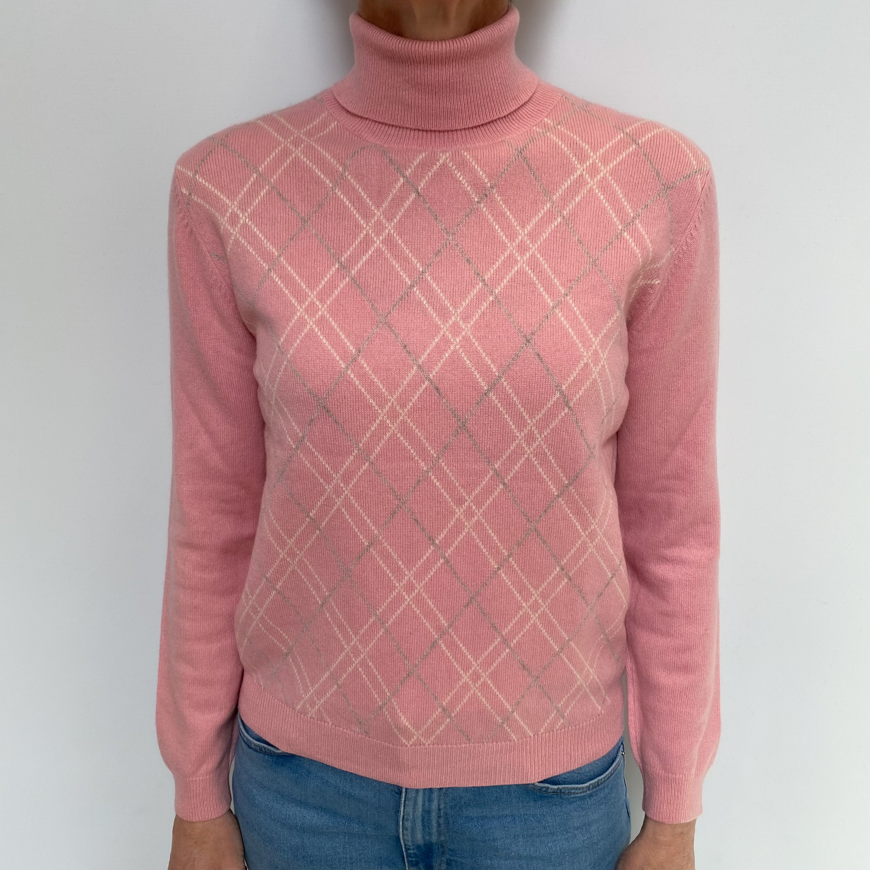 Blush Pink Diamond Cashmere Polo Neck Jumper Small