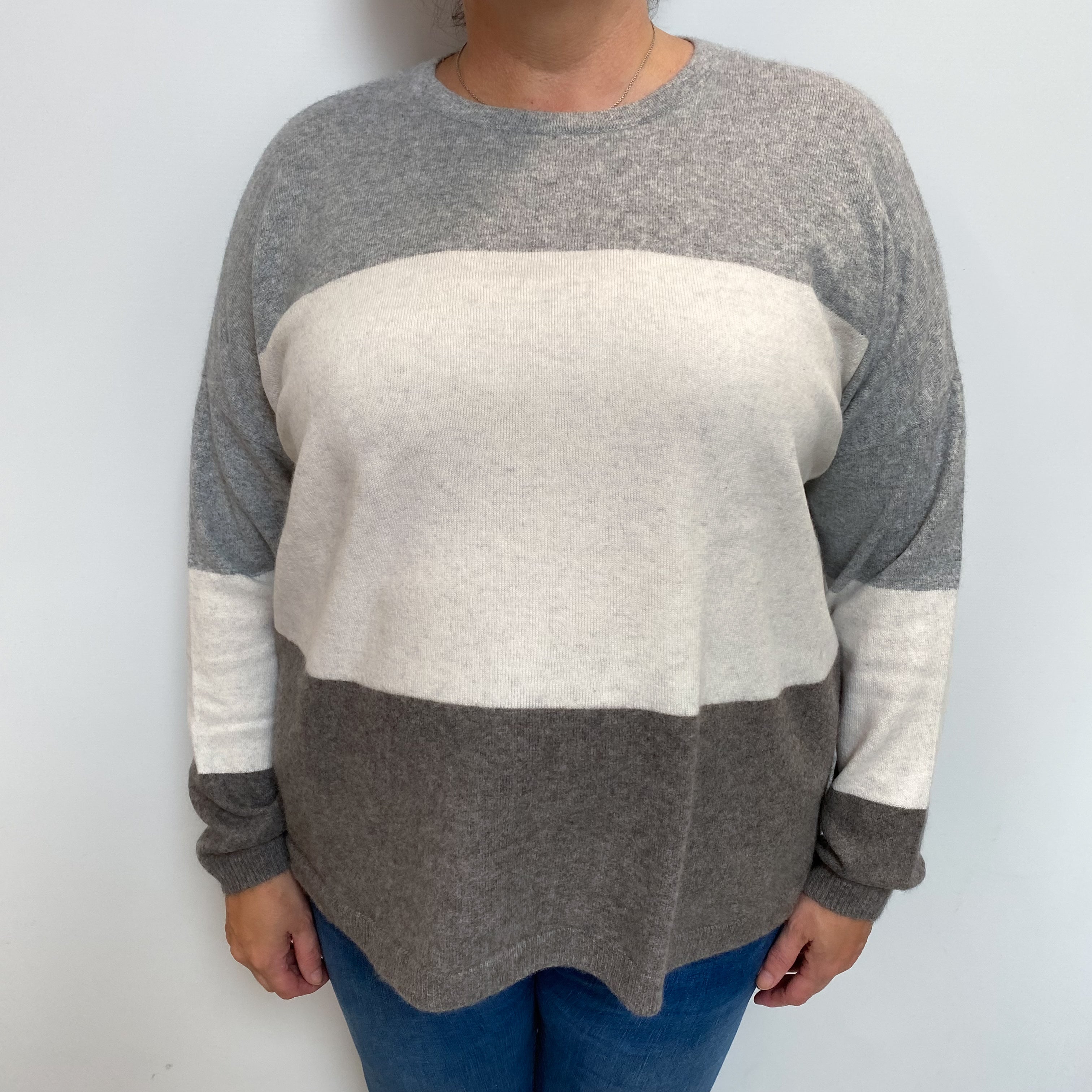 Cream Grey Colour Block Cashmere Crew Neck Jumper Extra Large