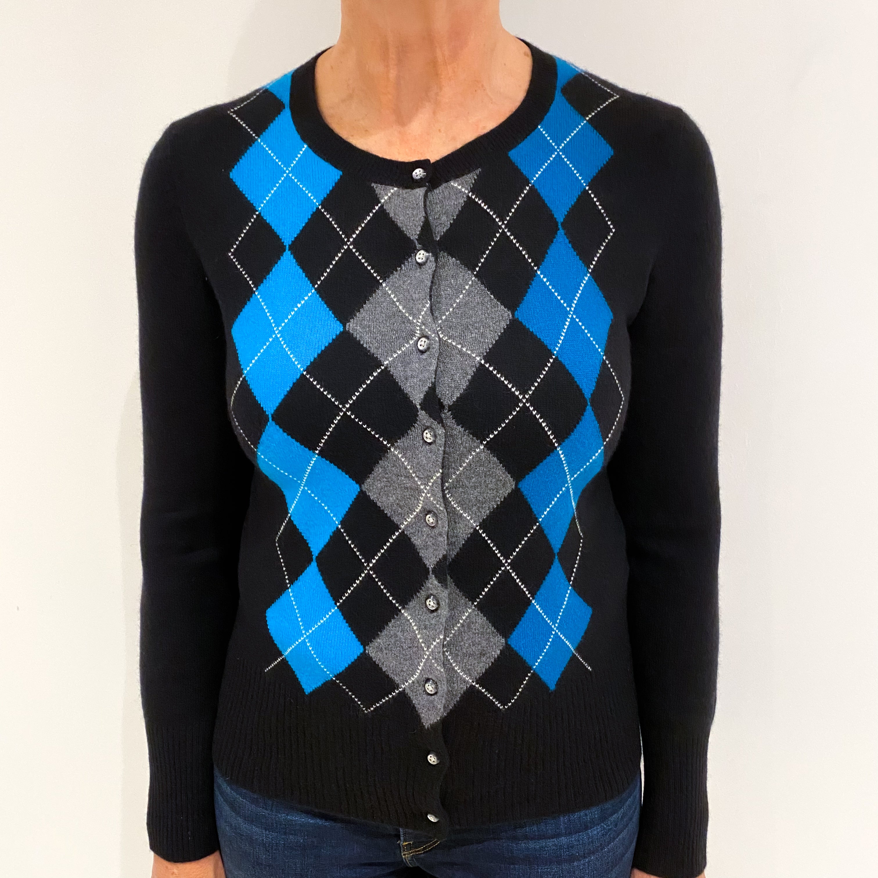 Black Turquoise Argyle Cashmere Crew Neck Cardigan Medium