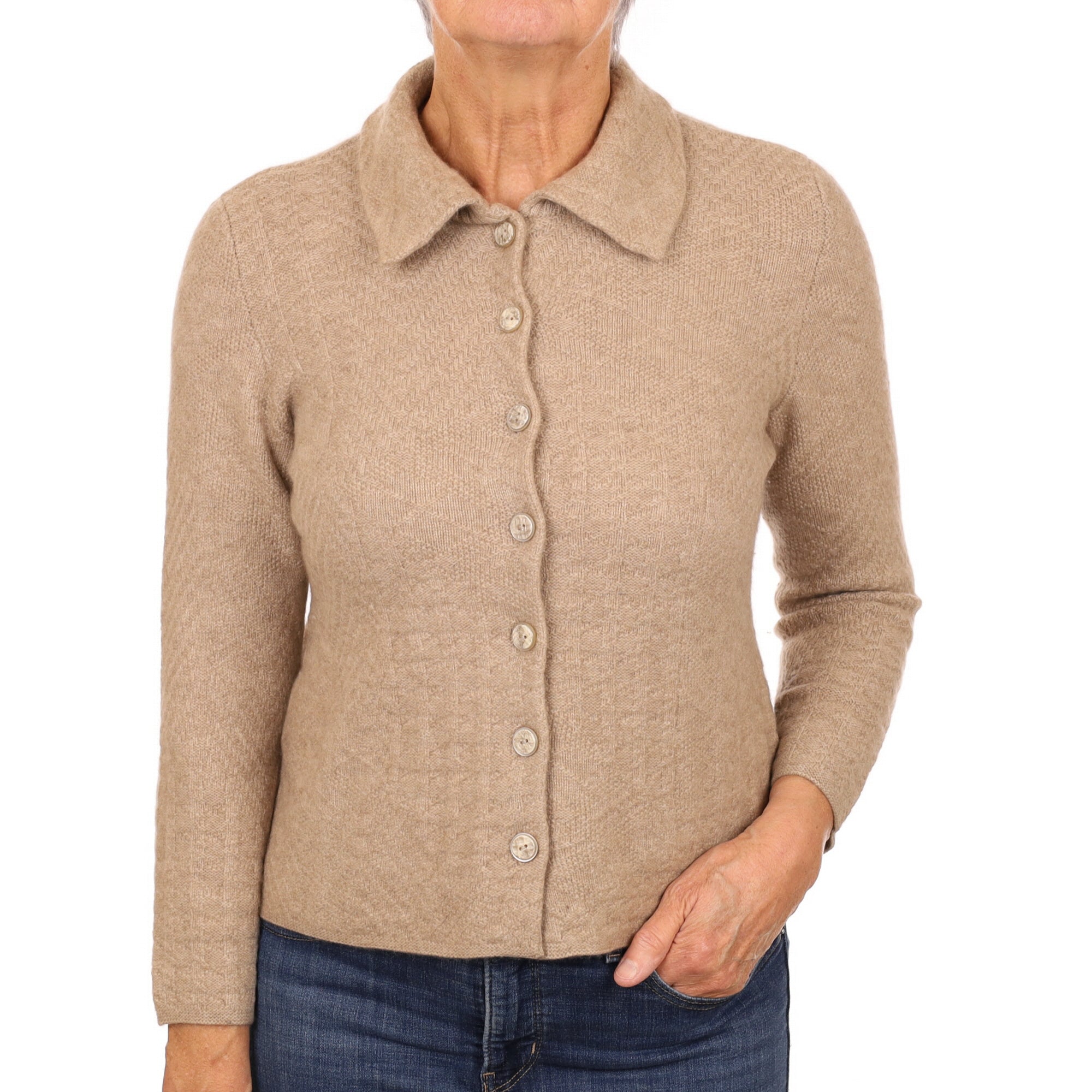 Fudge Brown Textured Cashmere Collared Cardigan Medium