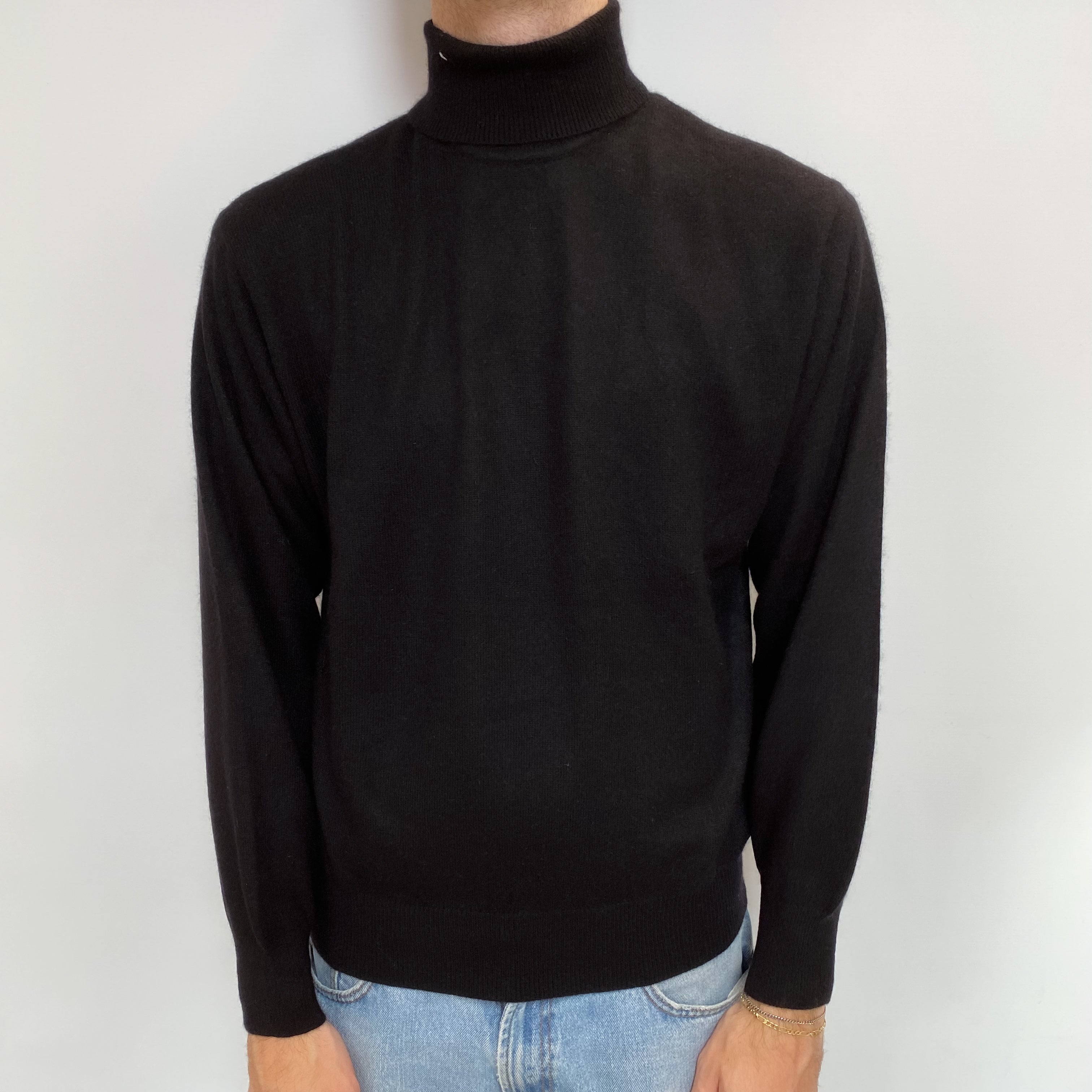 Men's Black Cashmere Polo Neck Jumper Large