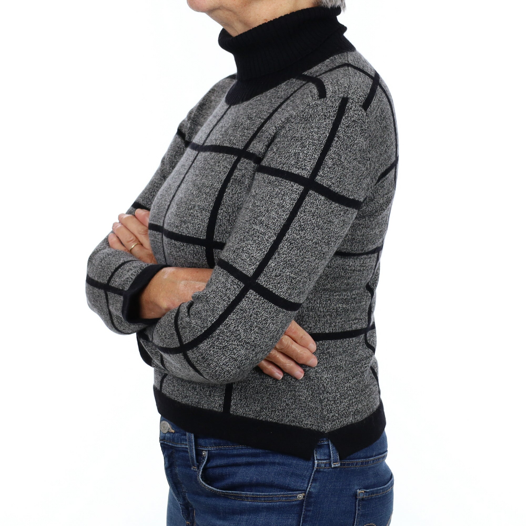 Black Marl Check Cashmere Polo Neck Jumper Medium