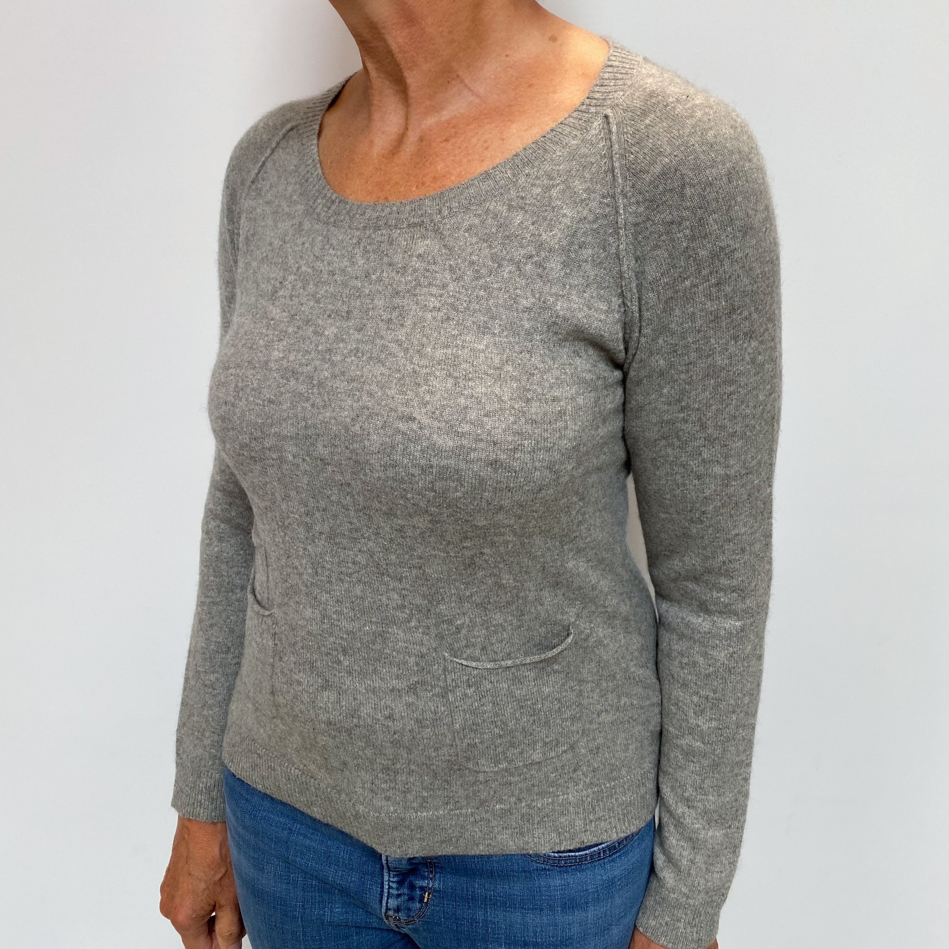 Ash Grey Cashmere Scoop Neck Jumper with Pockets Medium