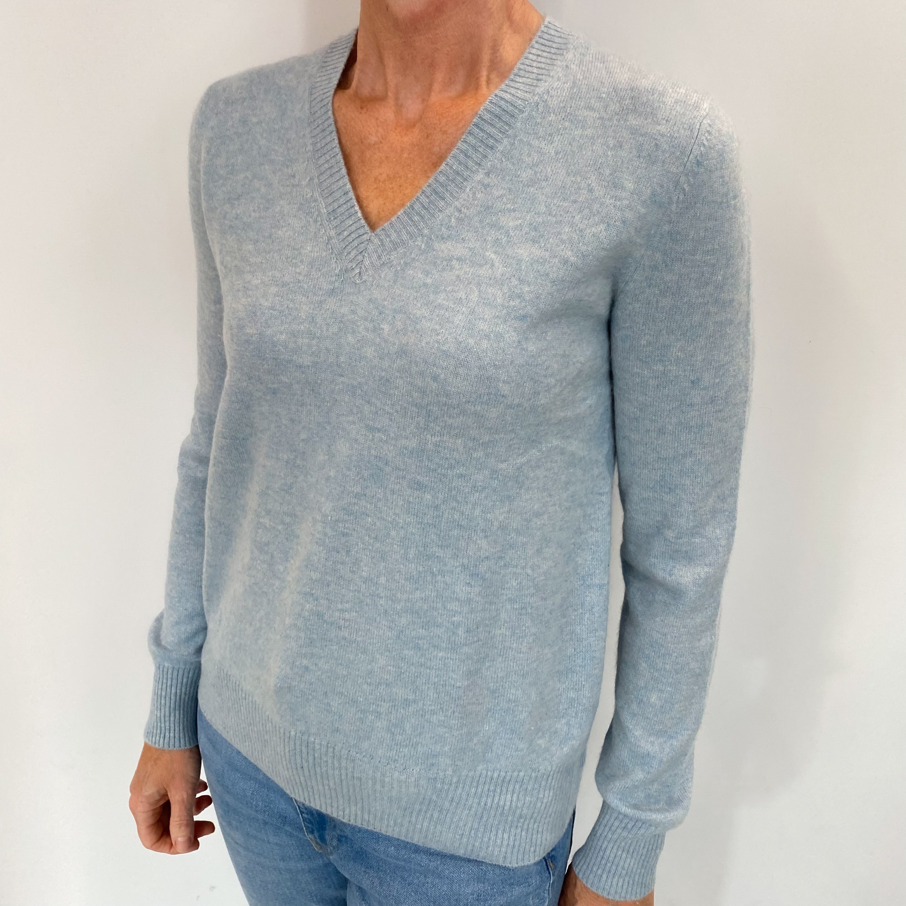 Sky Blue Marl Cashmere V Neck Jumper Small