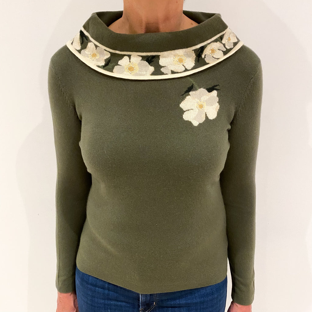 Olive Green Cashmere Funnel Neck Jumper Medium