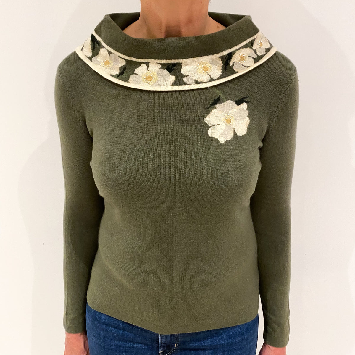 Olive Green Cashmere Funnel Neck Jumper Medium