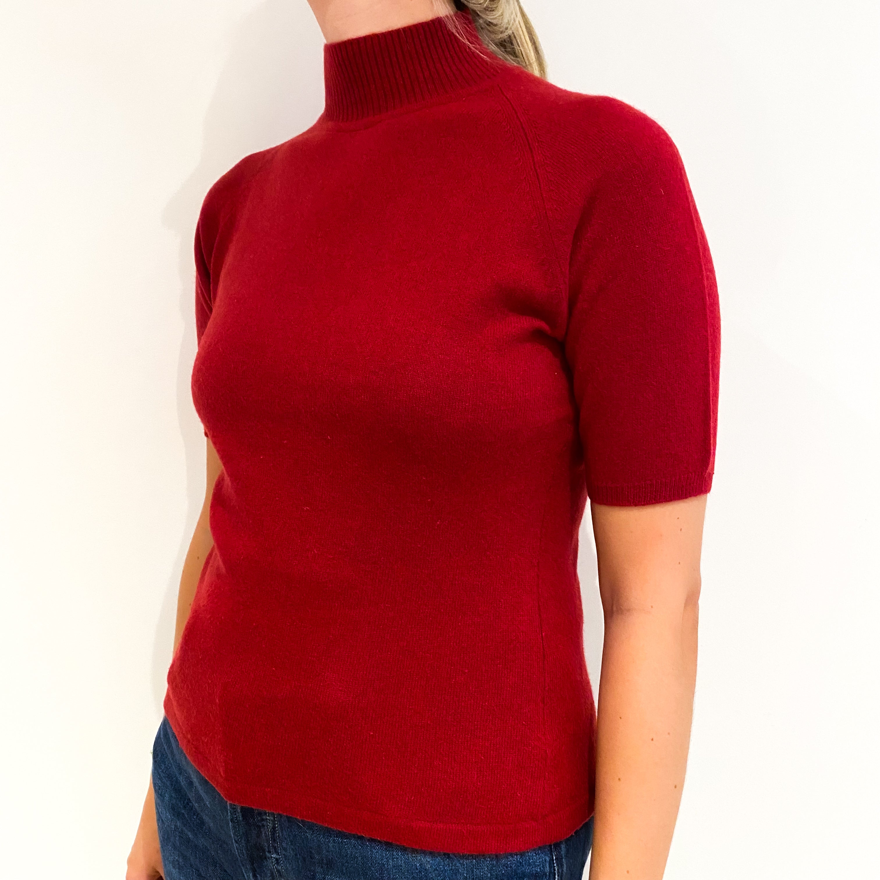 Crimson Red Short Sleeved Cashmere Turtle Neck Jumper Medium