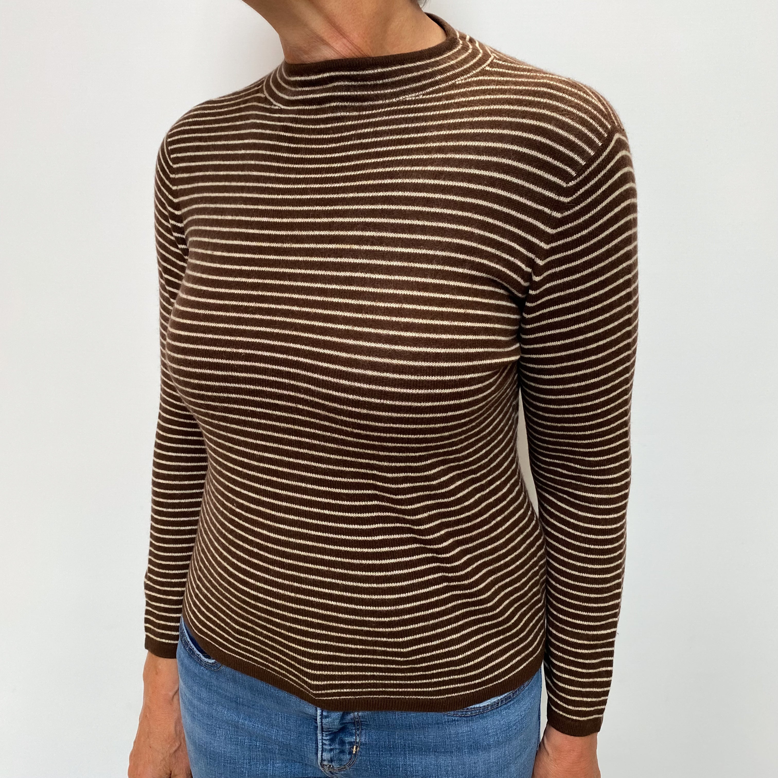 Dark Chocolate Striped Cashmere Polo Neck Jumper Medium
