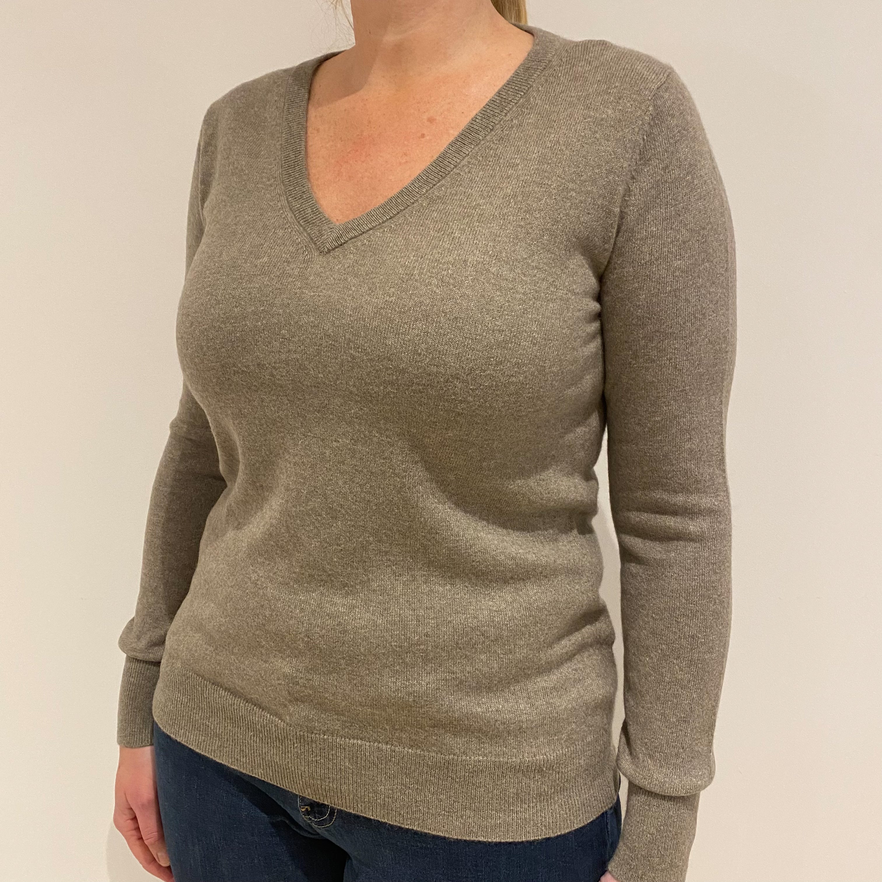 Fawn Beige Cashmere V-Neck Jumper Large