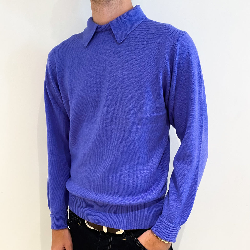 Men's Periwinkle Purple Cashmere Collared Crew Neck Jumper Medium
