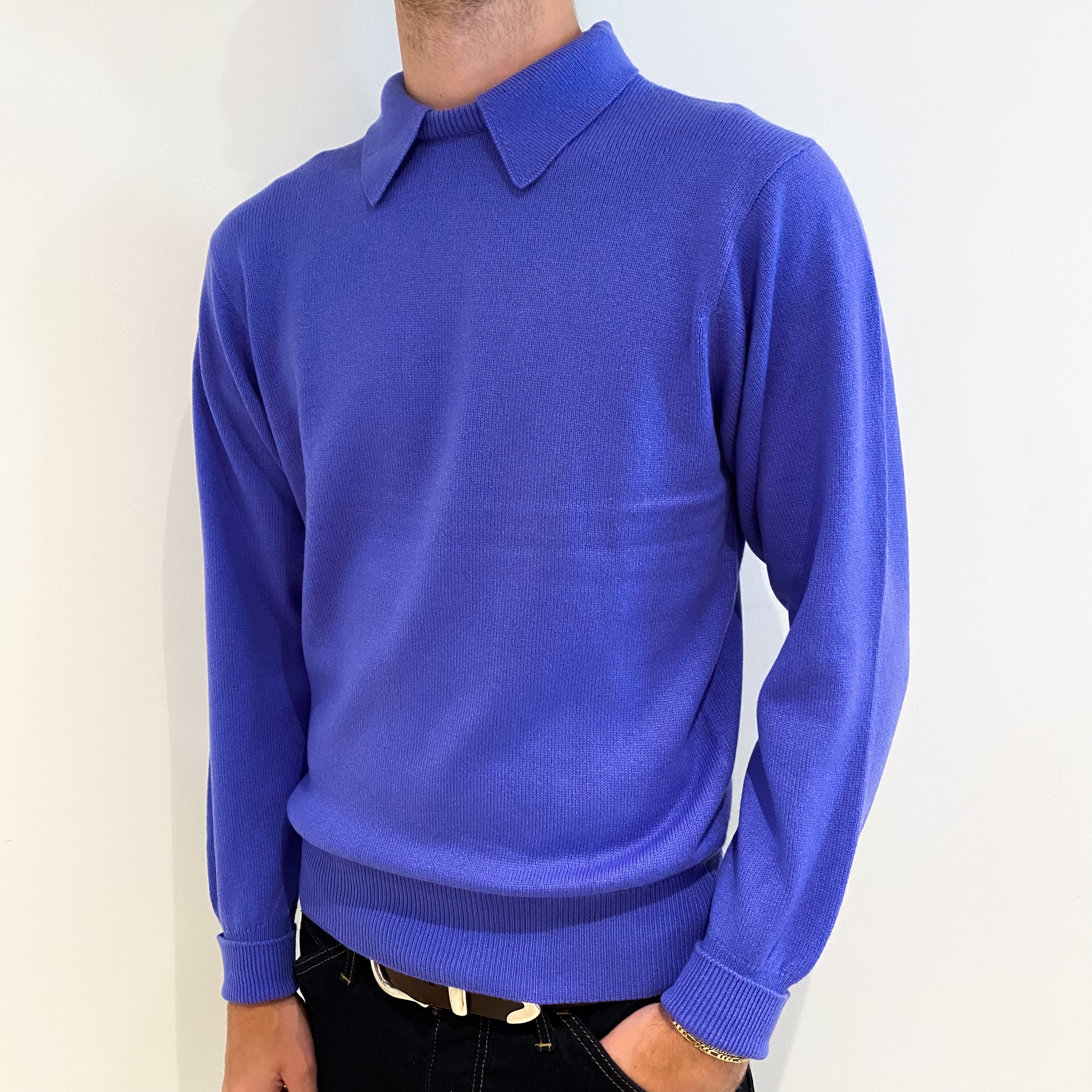 Men's Periwinkle Purple Cashmere Collared Crew Neck Jumper Medium