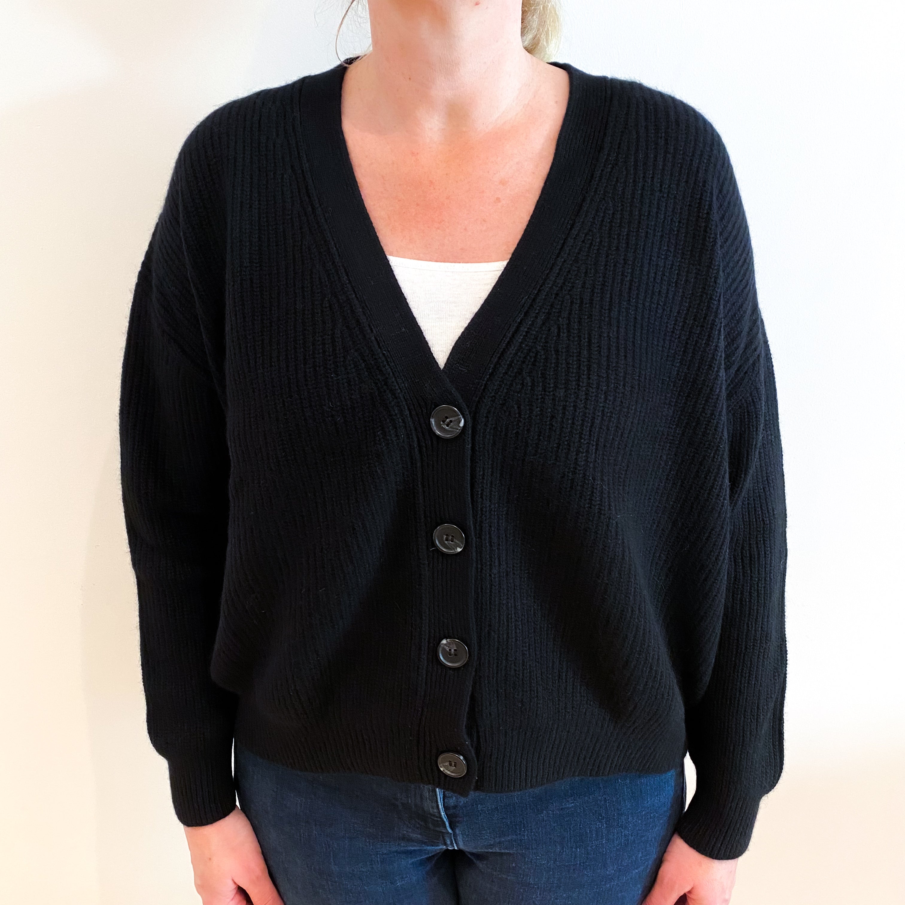 Black Cashmere V Neck Cardigan Large