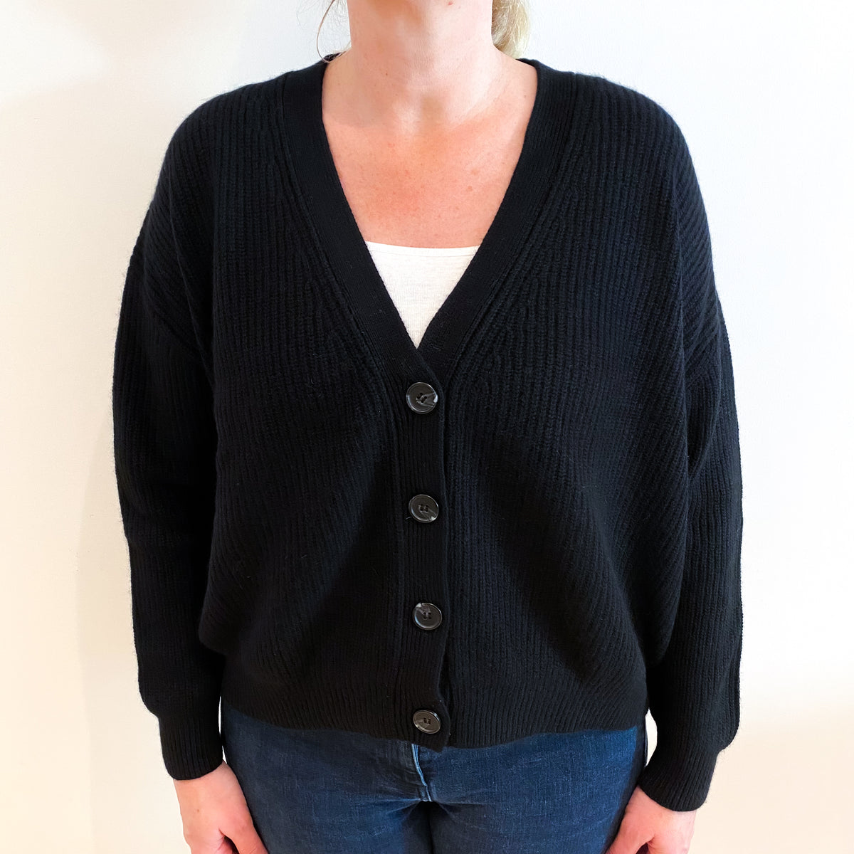 Black Cashmere V Neck Cardigan Large