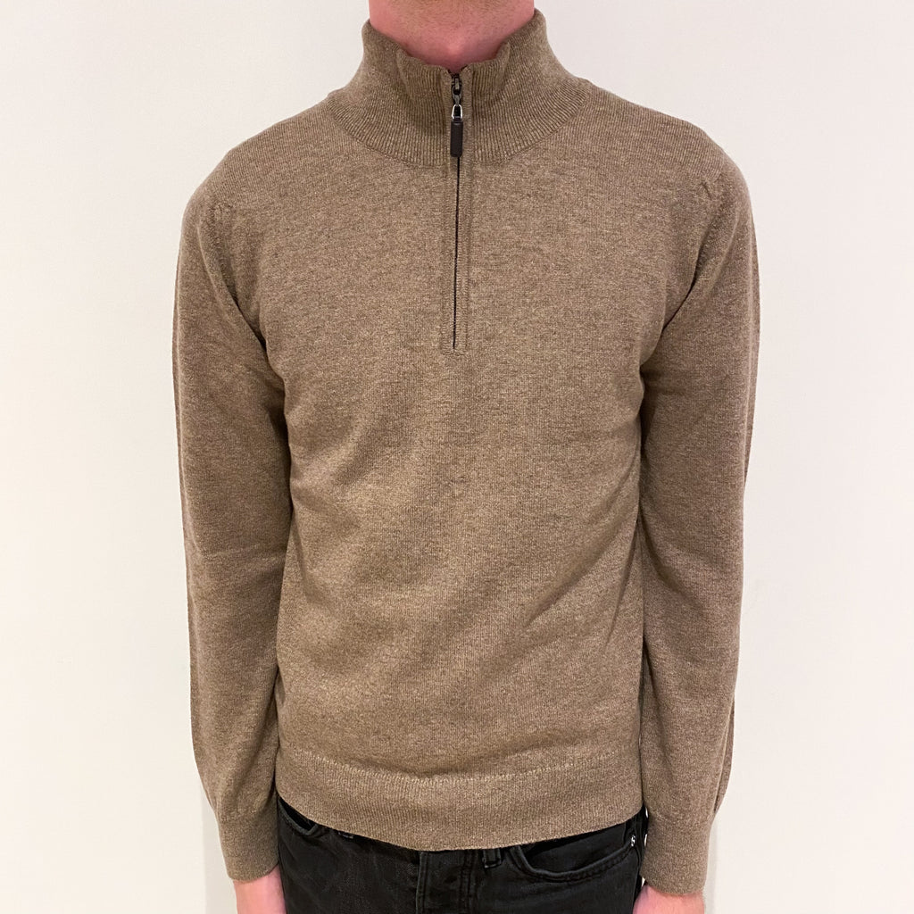 Men's Brand New Scottish Donkey Brown Cashmere 1/4 Zip Jumper Extra Small