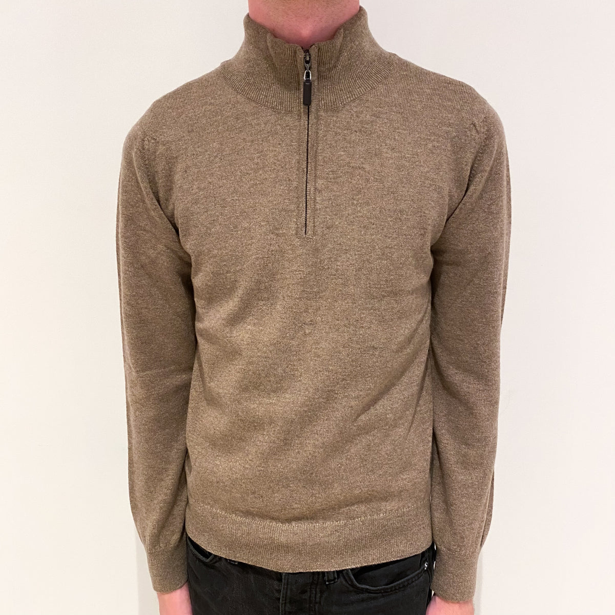 Men's Brand New Scottish Donkey Brown Cashmere 1/4 Zip Jumper Extra Small