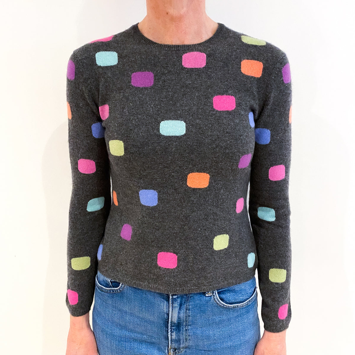 Charcoal Grey With Colourful Spots Cashmere Crew Neck Jumper Small