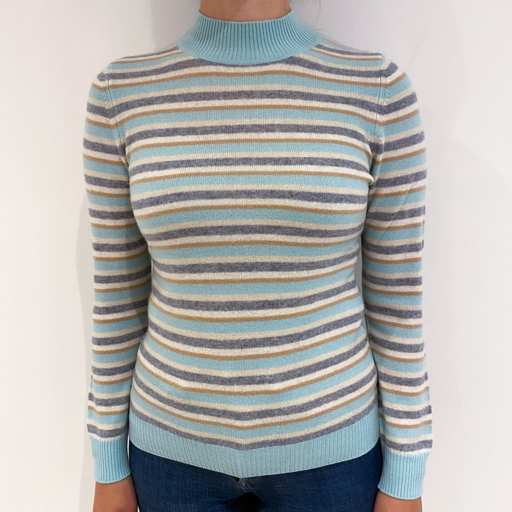 Mint Green Stripe Cashmere Turtle Neck Jumper Small