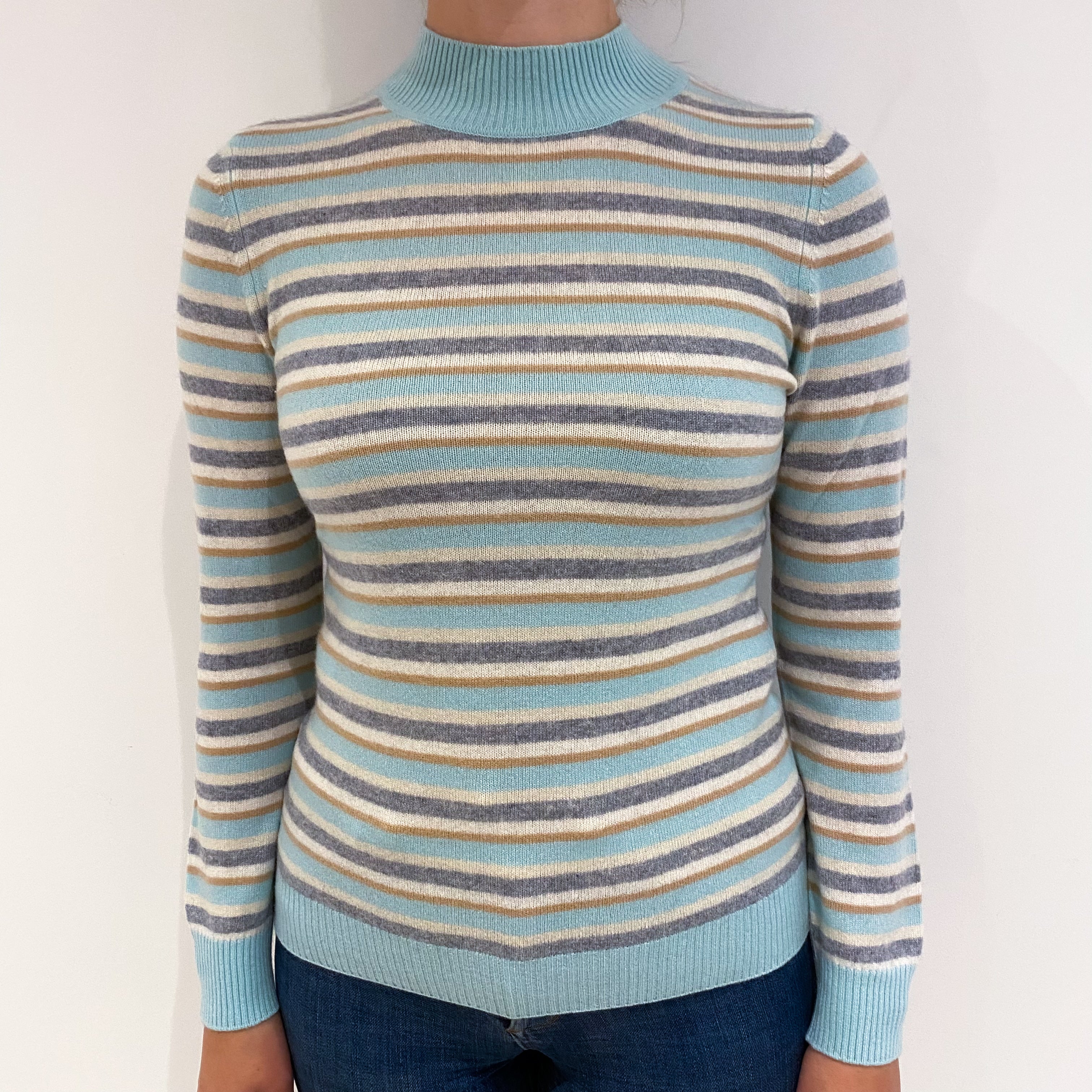 Mint Green Stripe Cashmere Turtle Neck Jumper Small