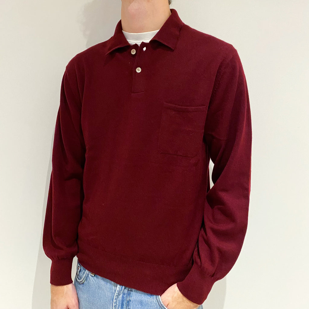Men's Wine Red Cashmere Collared 1/4 Button Jumper Large