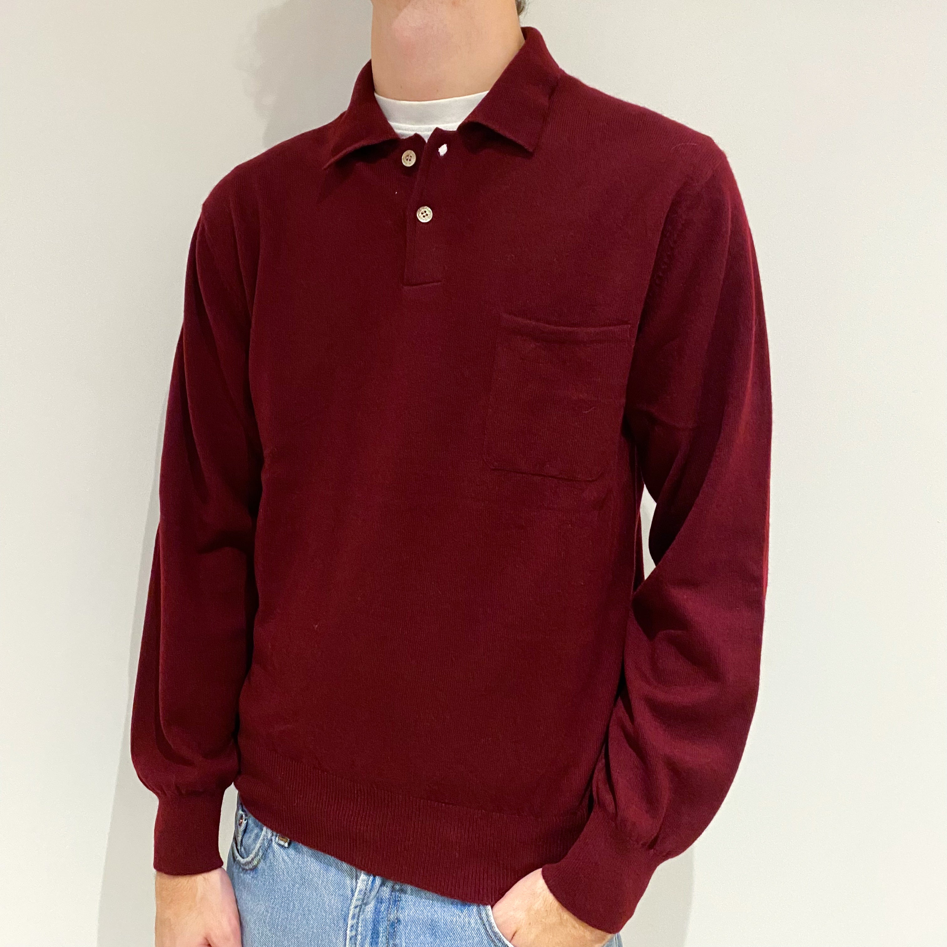 Men's Wine Red Cashmere Collared 1/4 Button Jumper Large