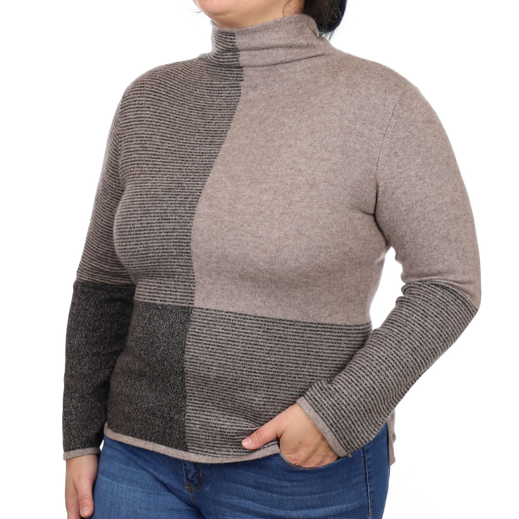 Mocha and Black Patterned Cashmere Funnel Neck Jumper Large