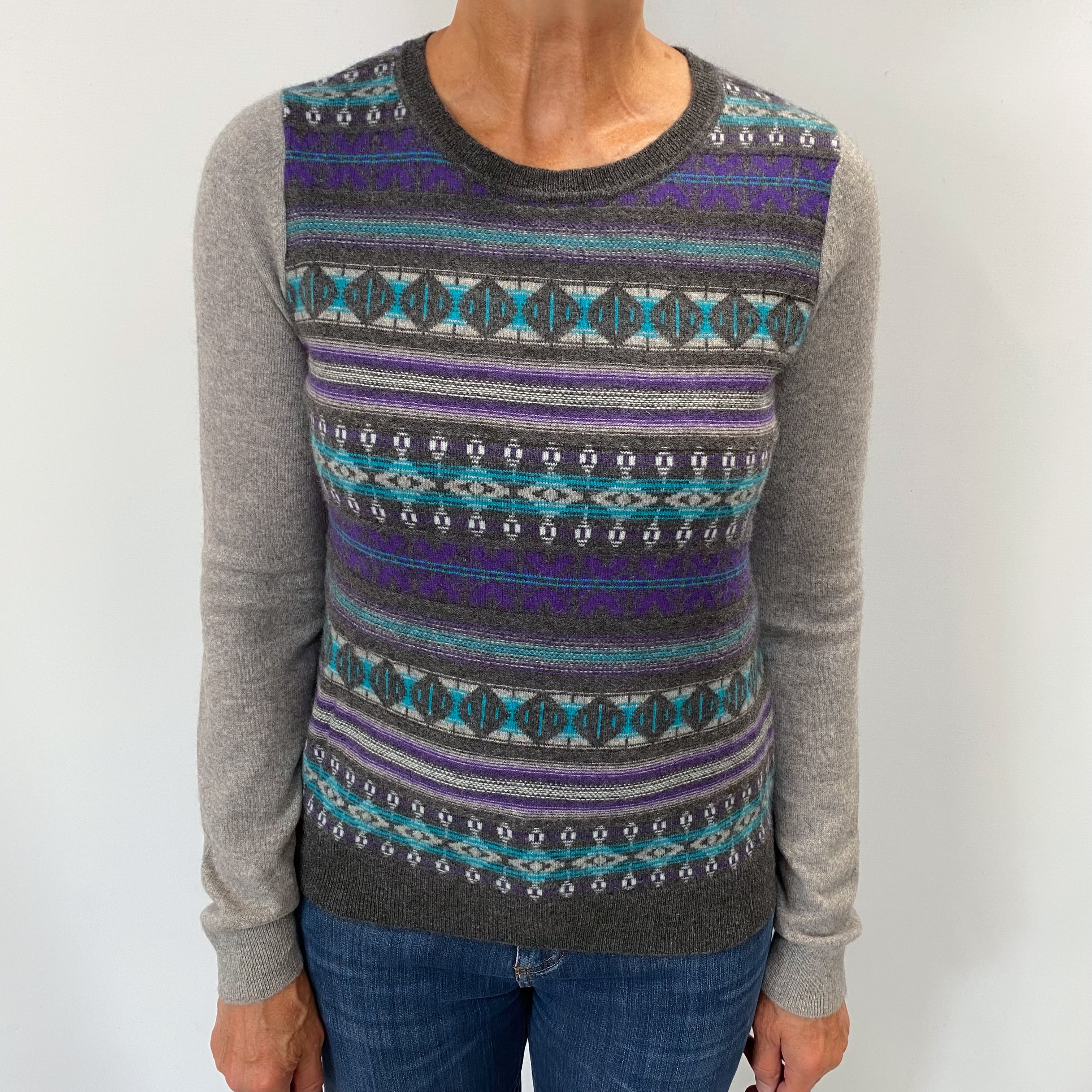 Grey Teal and Purple. Fair Isle Cashmere Crew Neck Jumper Medium