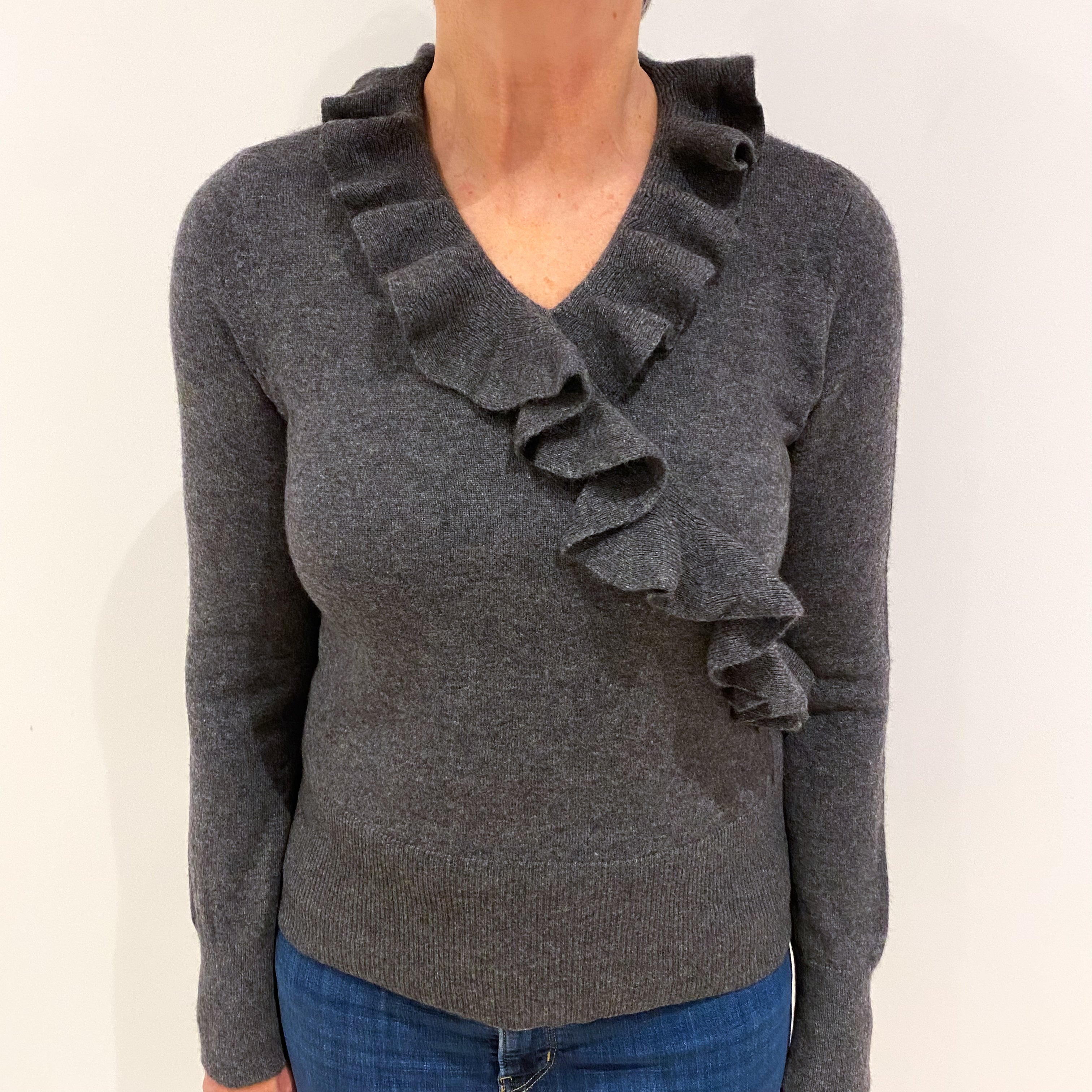 Slate Grey Ruffle Detail Cashmere V Neck Jumper Medium