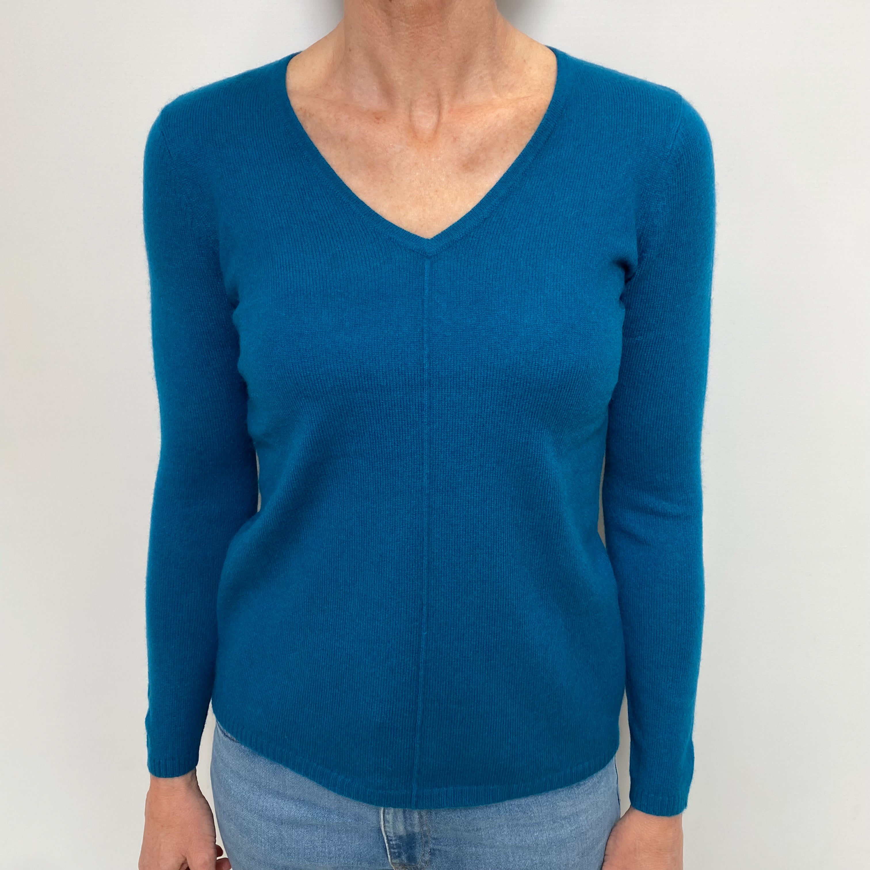 Teal Blue Cashmere V Neck Jumper Small