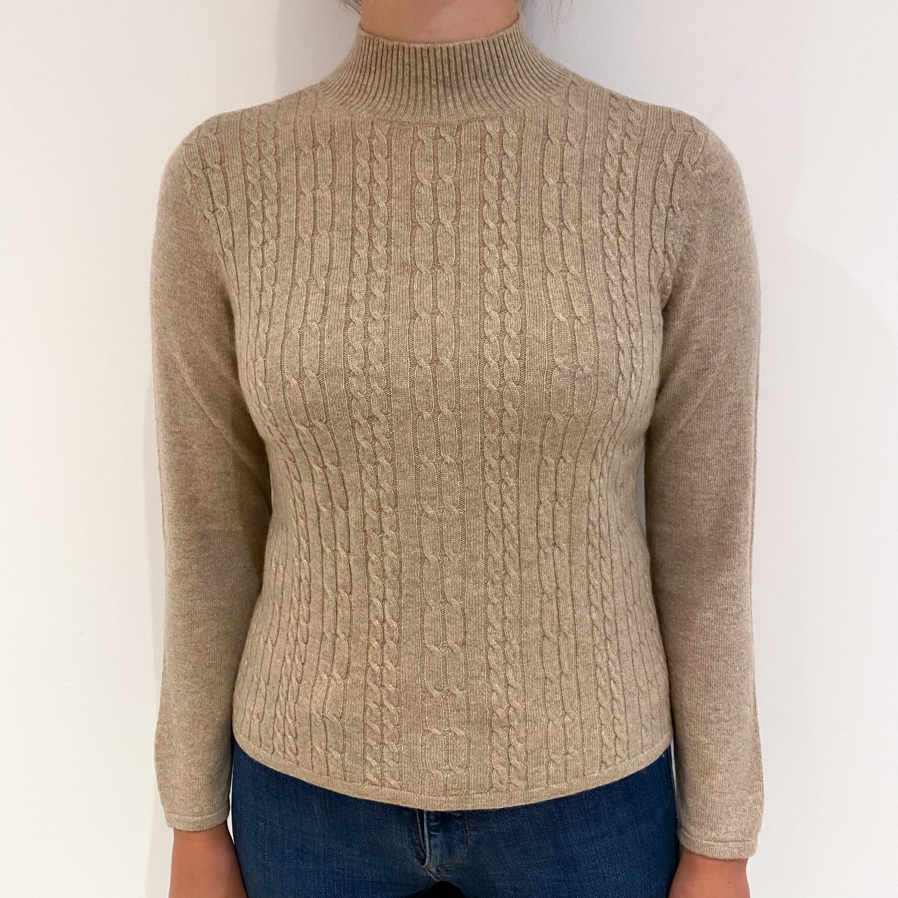 Soft Fawn Cable Cashmere Turtle Neck Jumper Small