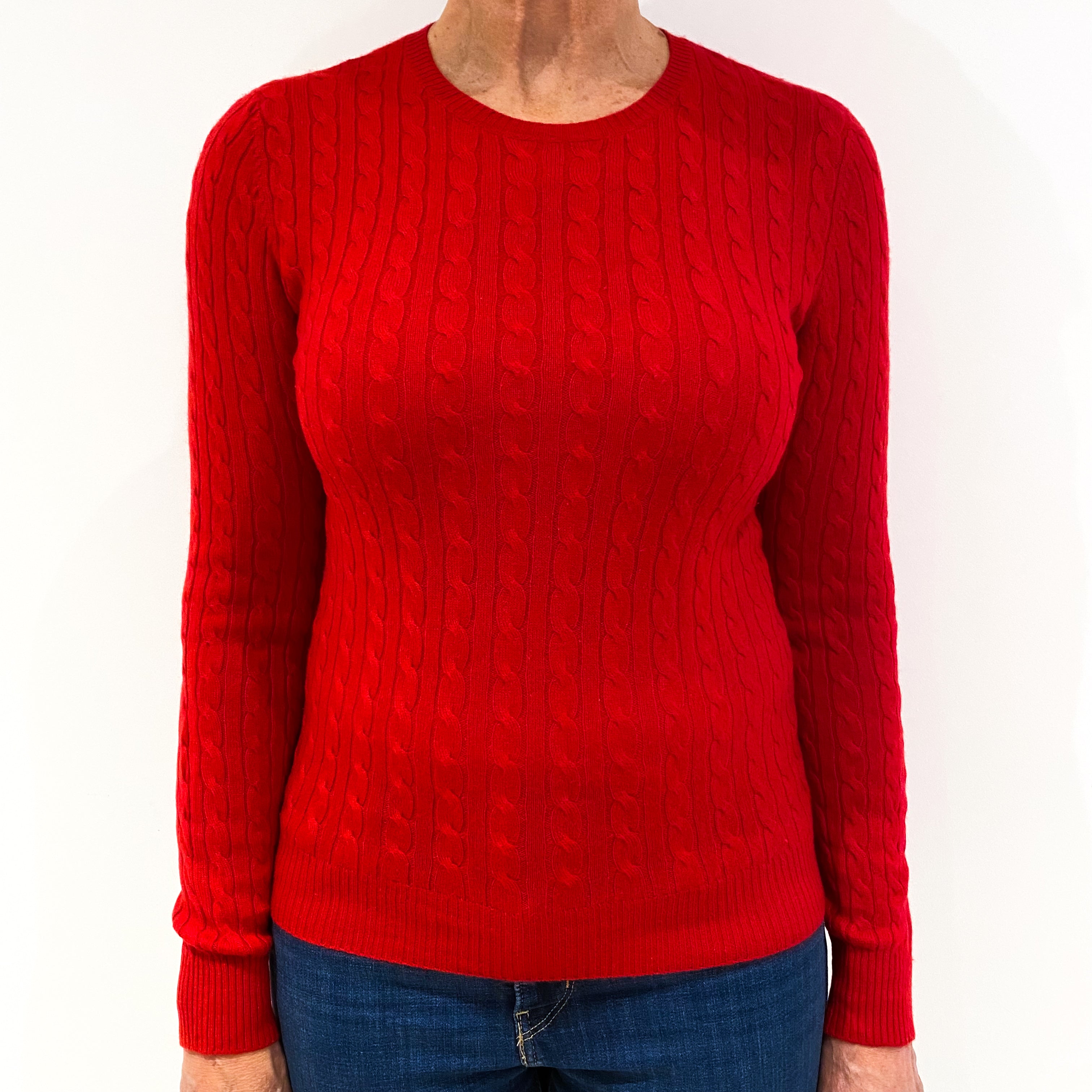Post Box Red Cable Knit Cashmere Crew Neck Jumper Medium