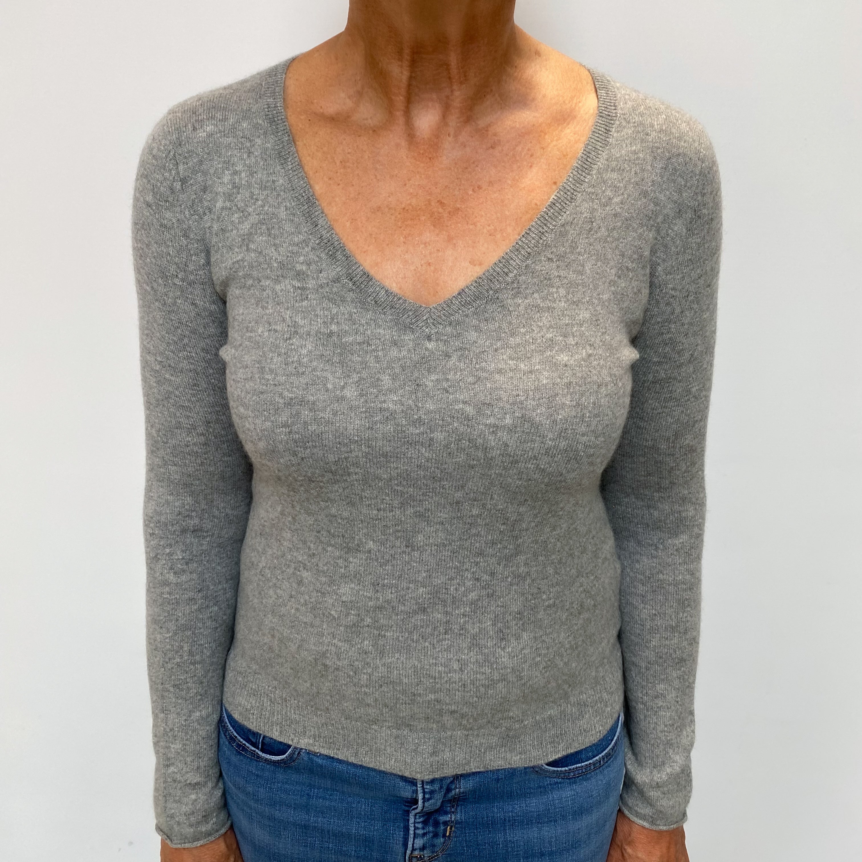Ash Grey Cashmere V Neck Jumper Medium