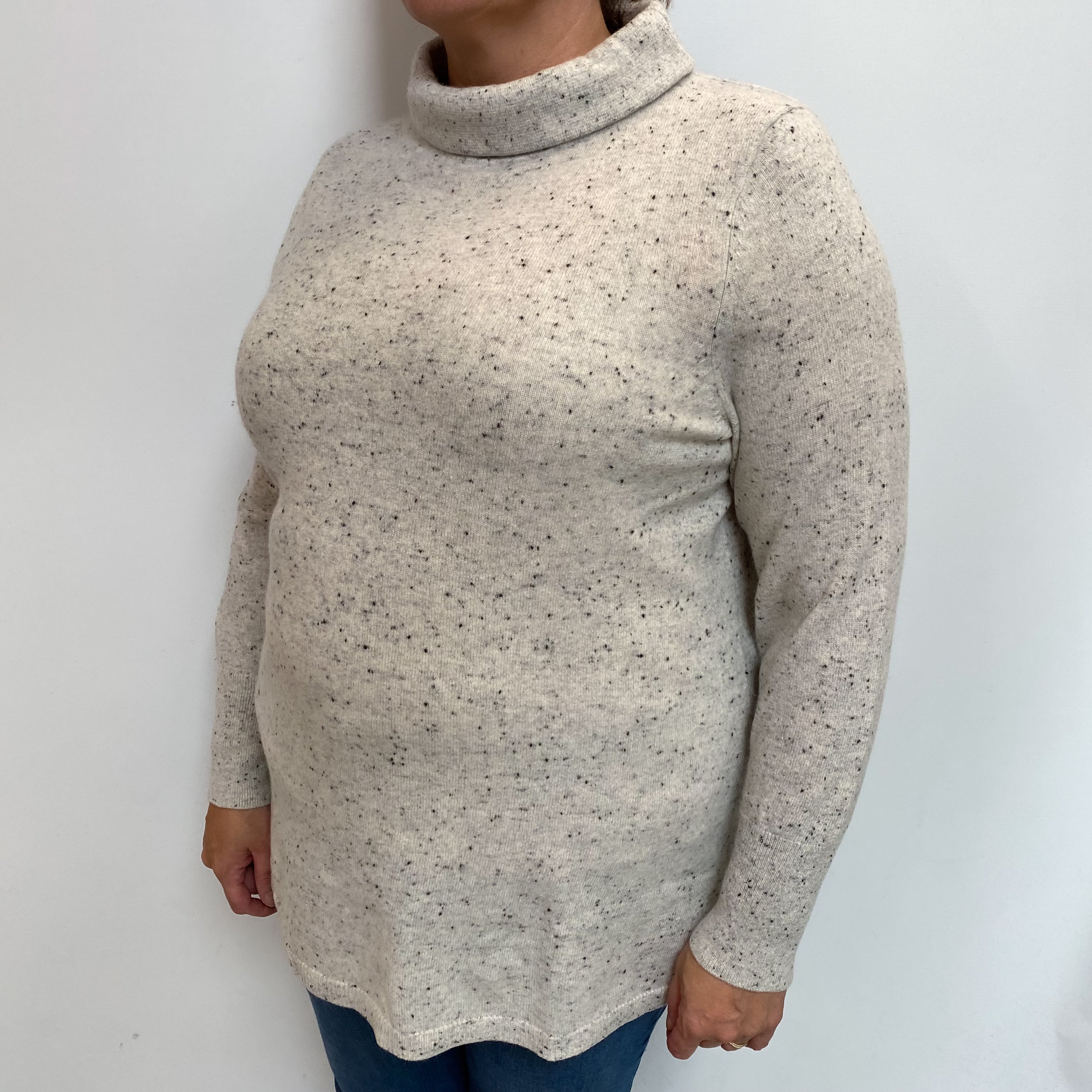 Ivory Flecked Cashmere Funnel Neck Jumper Extra Large