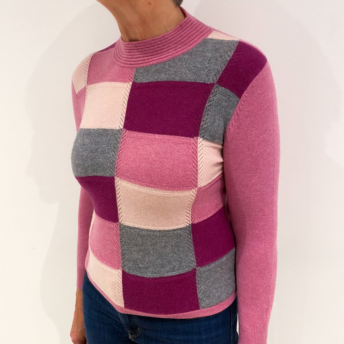 Pink and Grey Checked Cashmere Turtle Neck Jumper Medium