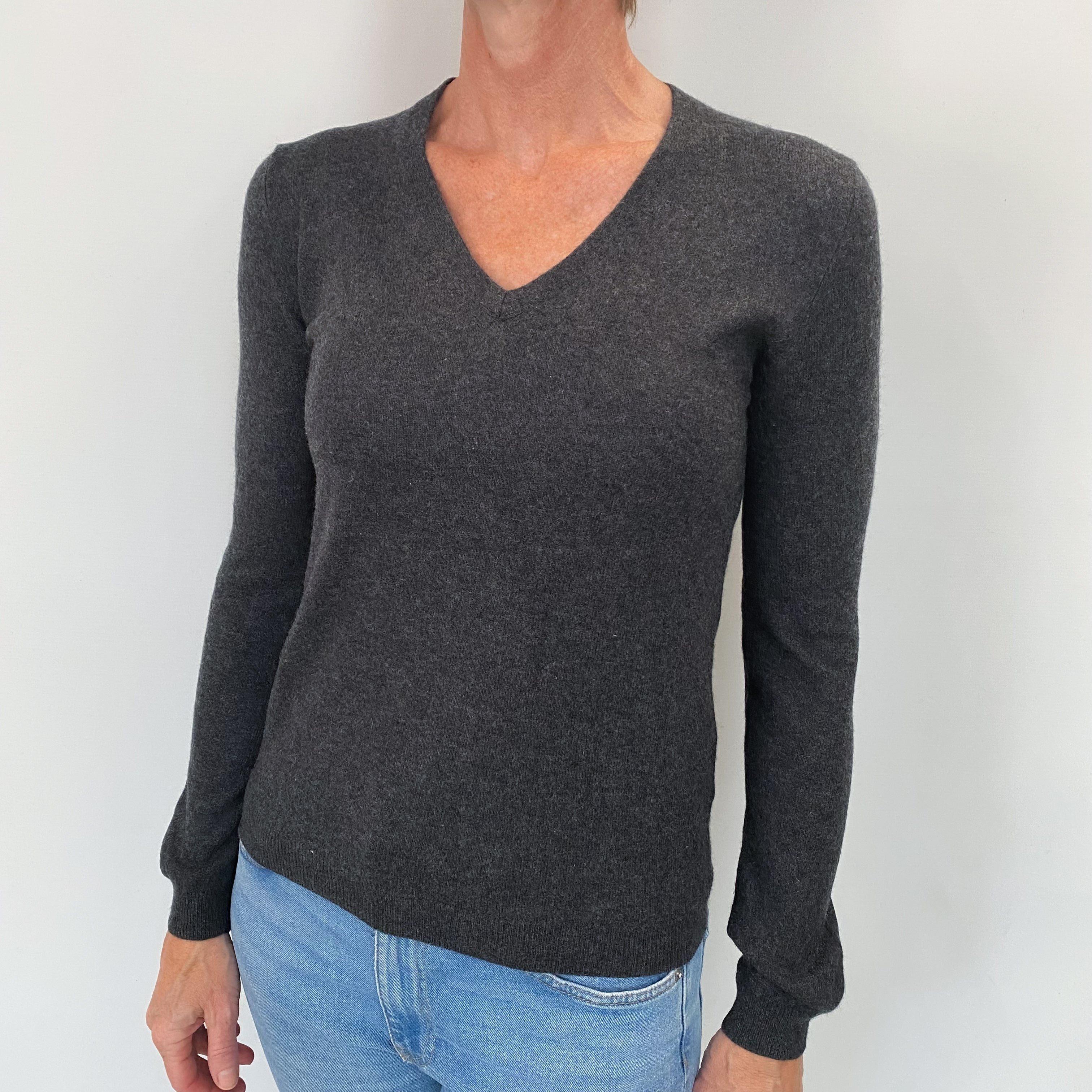 Slate Grey Cashmere V Neck Jumper Small