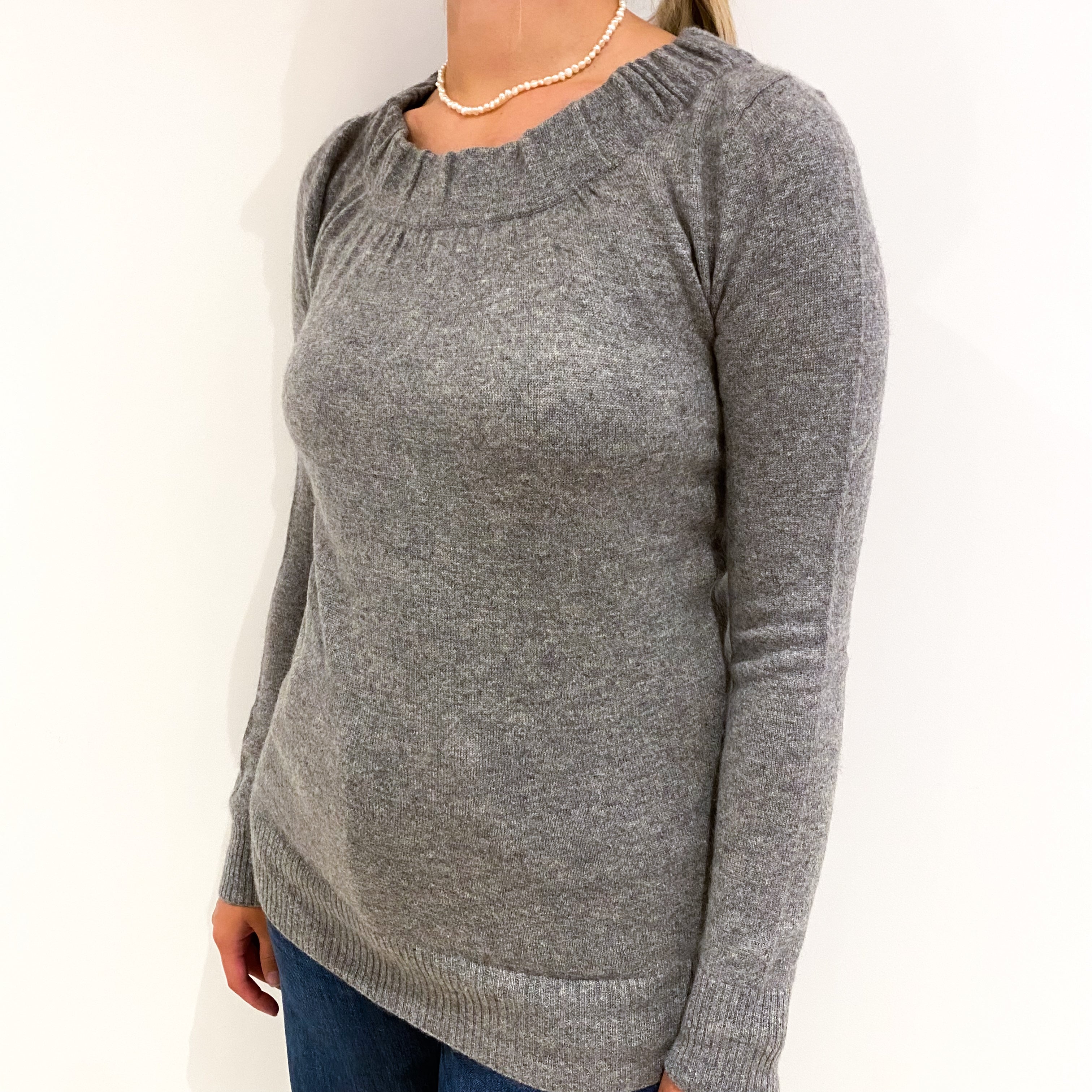 Ash Grey Cashmere Elasticated Crew Neck Jumper Small