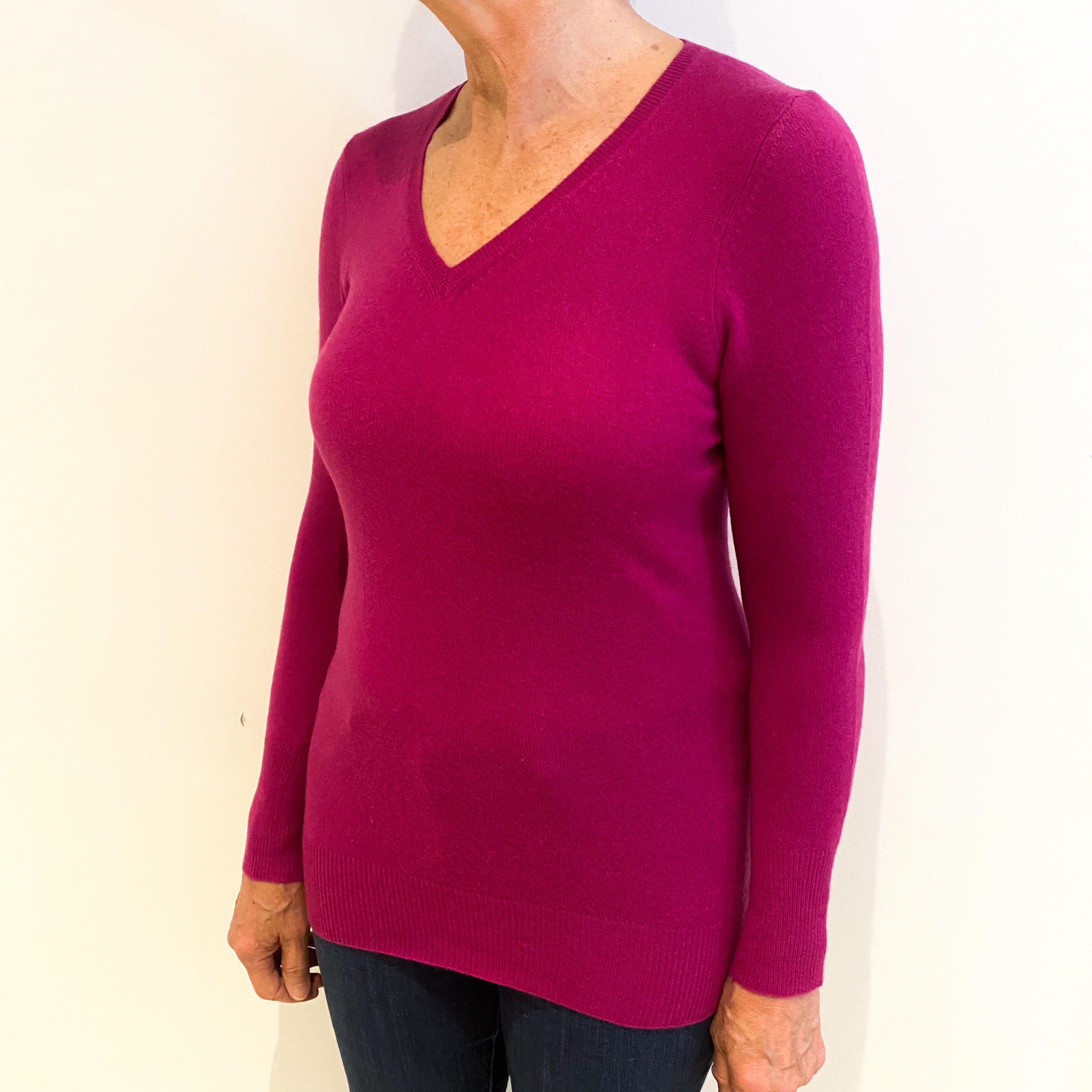 Fuchsia Pink Cashmere V Neck Jumper Medium