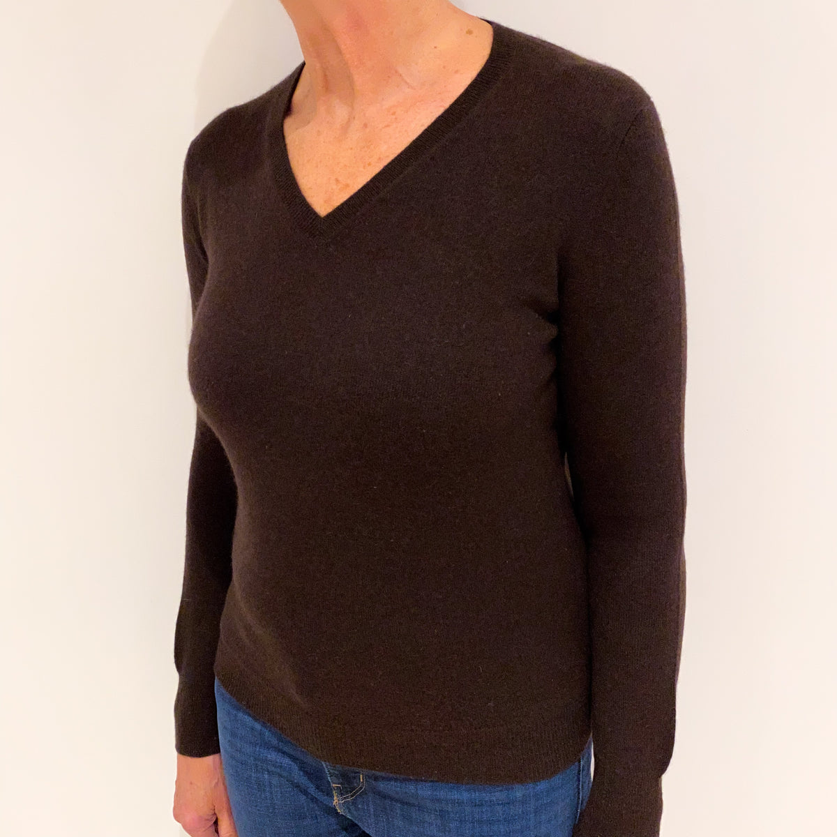 Dark Chocolate Brown Cashmere V Neck Jumper Medium